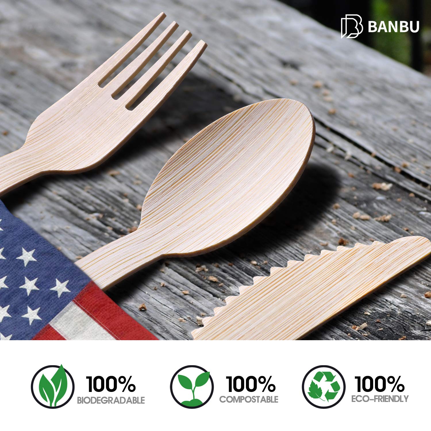Eco-Friendly Bamboo Disposable Cutlery Set - 180 Pieces (60 Forks, 60 Spoons, 60 Knives) | Biodegradable & Compostable Natural Bamboo Utensils | Perfect for Picnics, Camping, Parties & Zero Waste Living