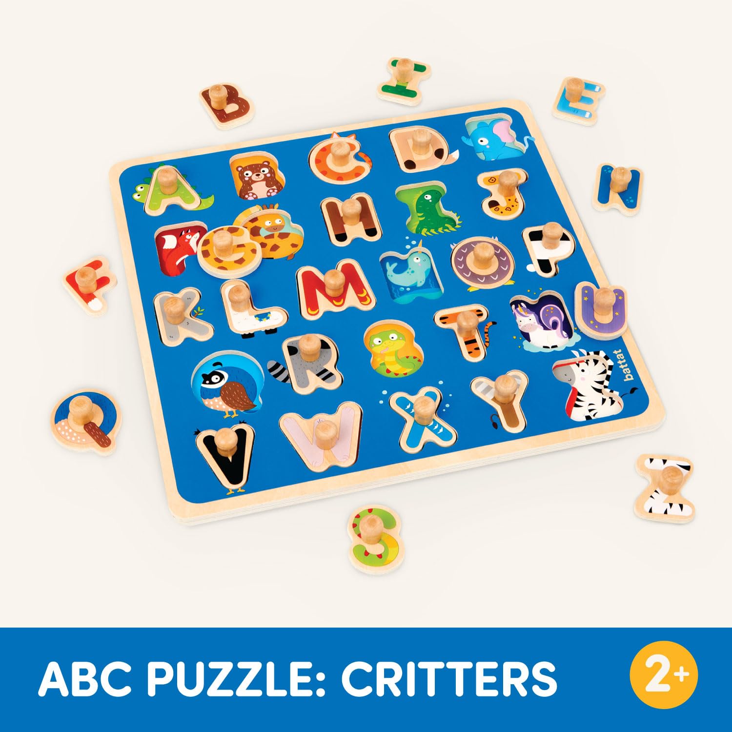 Battat Wooden ABC Peg Puzzle for Toddlers - Educational Wooden Toys for Kids Ages 2+ - Alphabet Learning Puzzle with Animal Critters - Perfect for Preschool Learning & Early Childhood Development