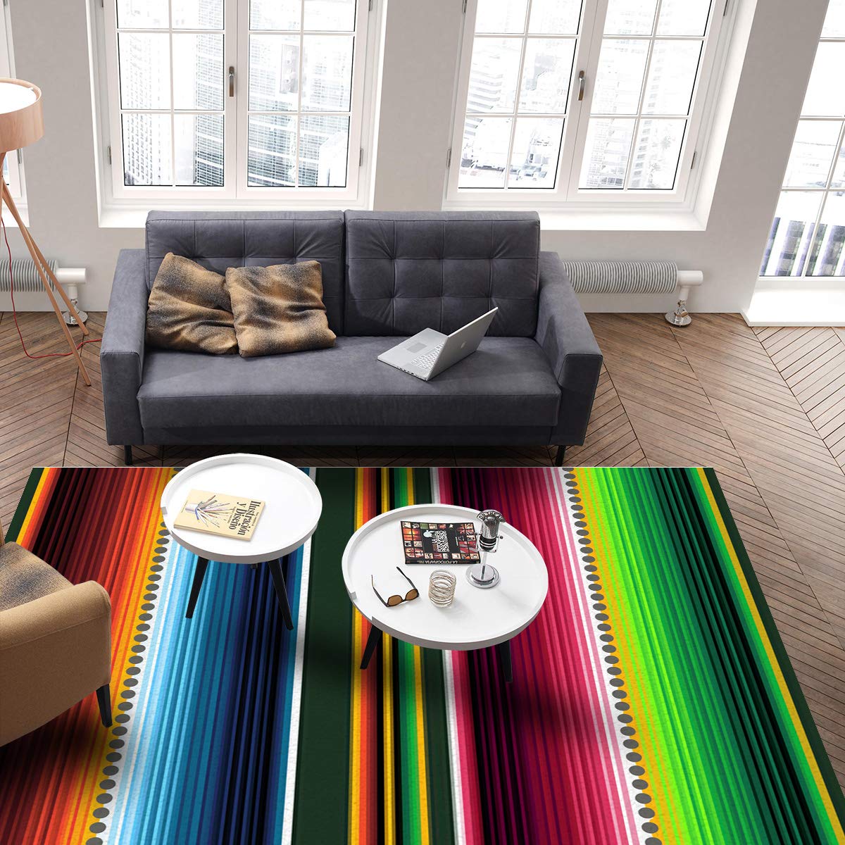 Mexican Serape Area Rug 4' x 6' - Non-Slip Indoor Outdoor Rug with Colorful Stripes, Easy to Clean & Durable - Perfect for Living Room, Bedroom, Patio, Deck, Picnic, Camping & Beach Outings