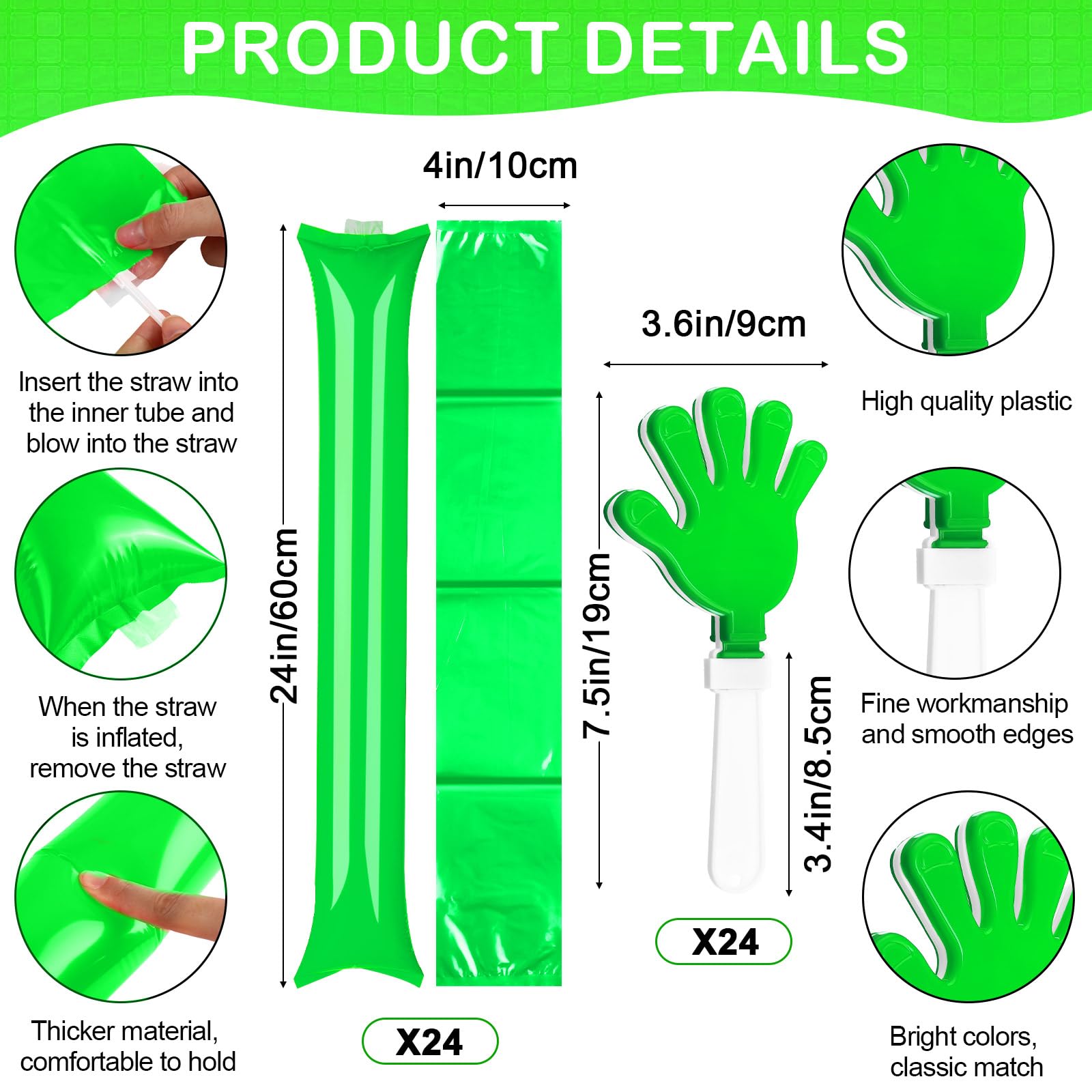 96 Pcs Noisemakers for Sports Events - Hand Clappers, Pom Poms, Thunder Sticks & Whistles