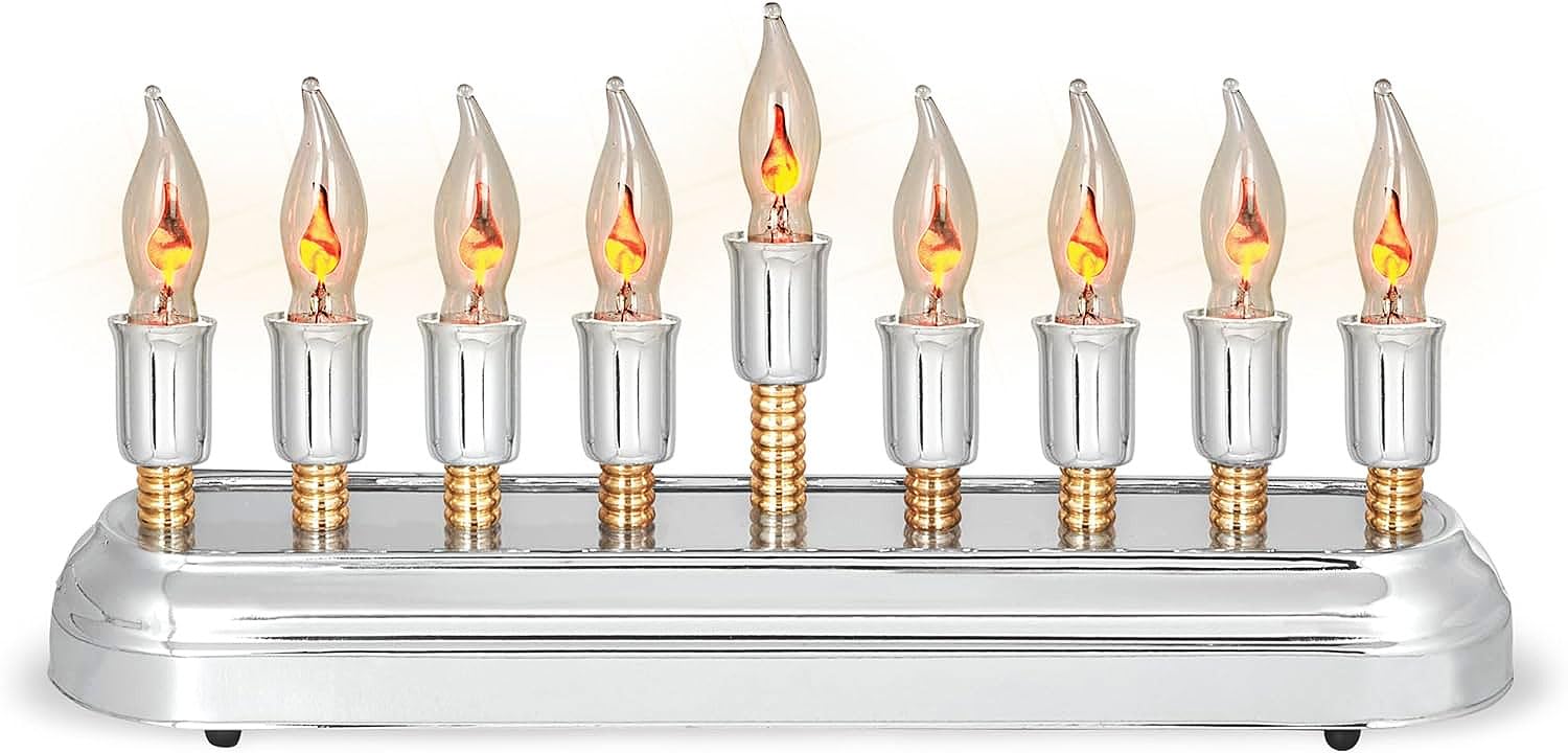 Modern Electric Hanukkah Menorah - Stainless Steel Hanukkiah with Flickering LED Bulbs, Horizontal Electronic Menorah for Chanukah - Flameless Candles & Hanukkah Lights Decor for Home, Synagogue & Office Celebrations