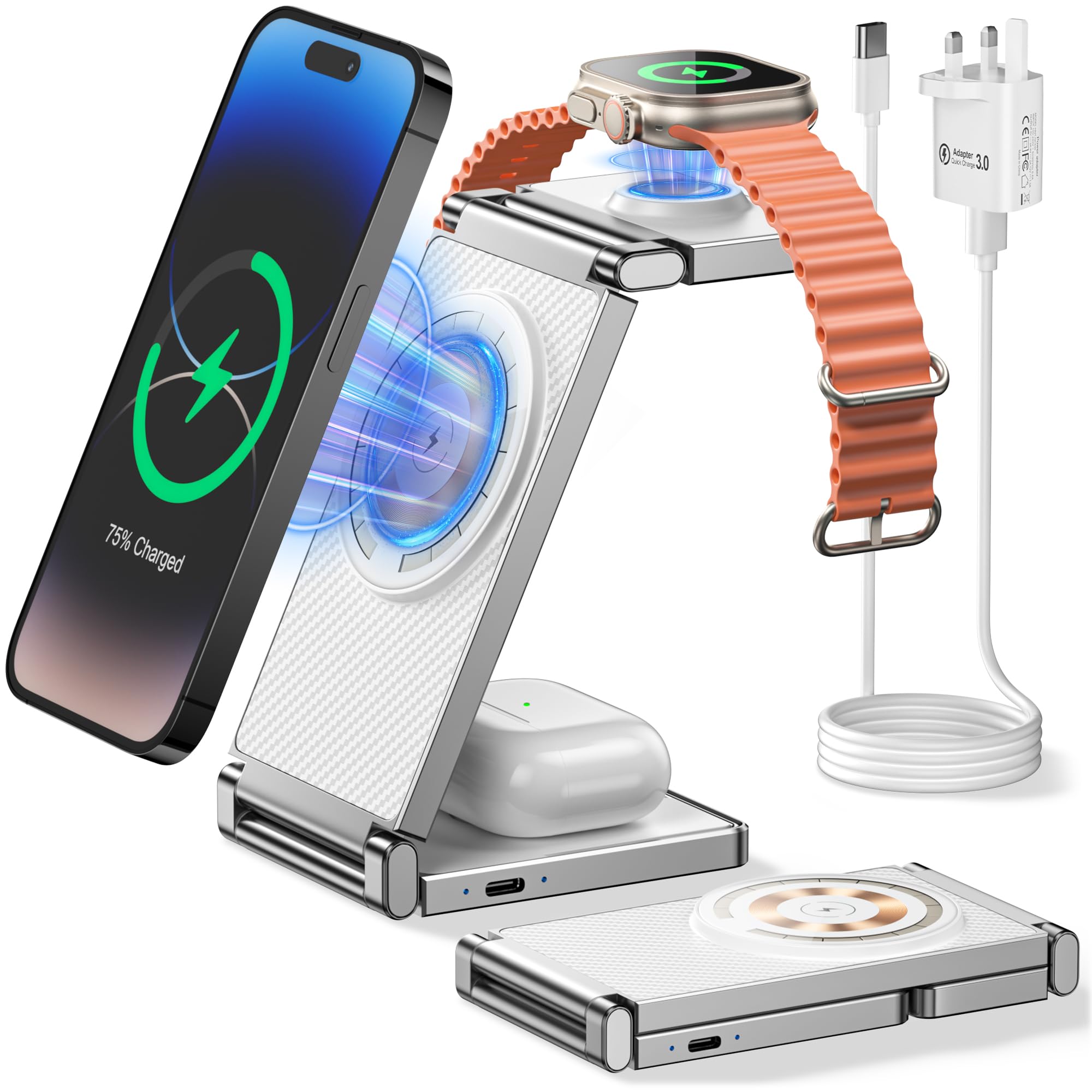 REOKILY 3-in-1 Magnetic Wireless Charging Station - Fast Charging Stand for iPhone 15/14/13/12 Pro/Max/Mini, Apple Watch & AirPods (1/2/3/Pro) | Bedside Nightstand Charger, Office Desk Organizer, Travel Companion
