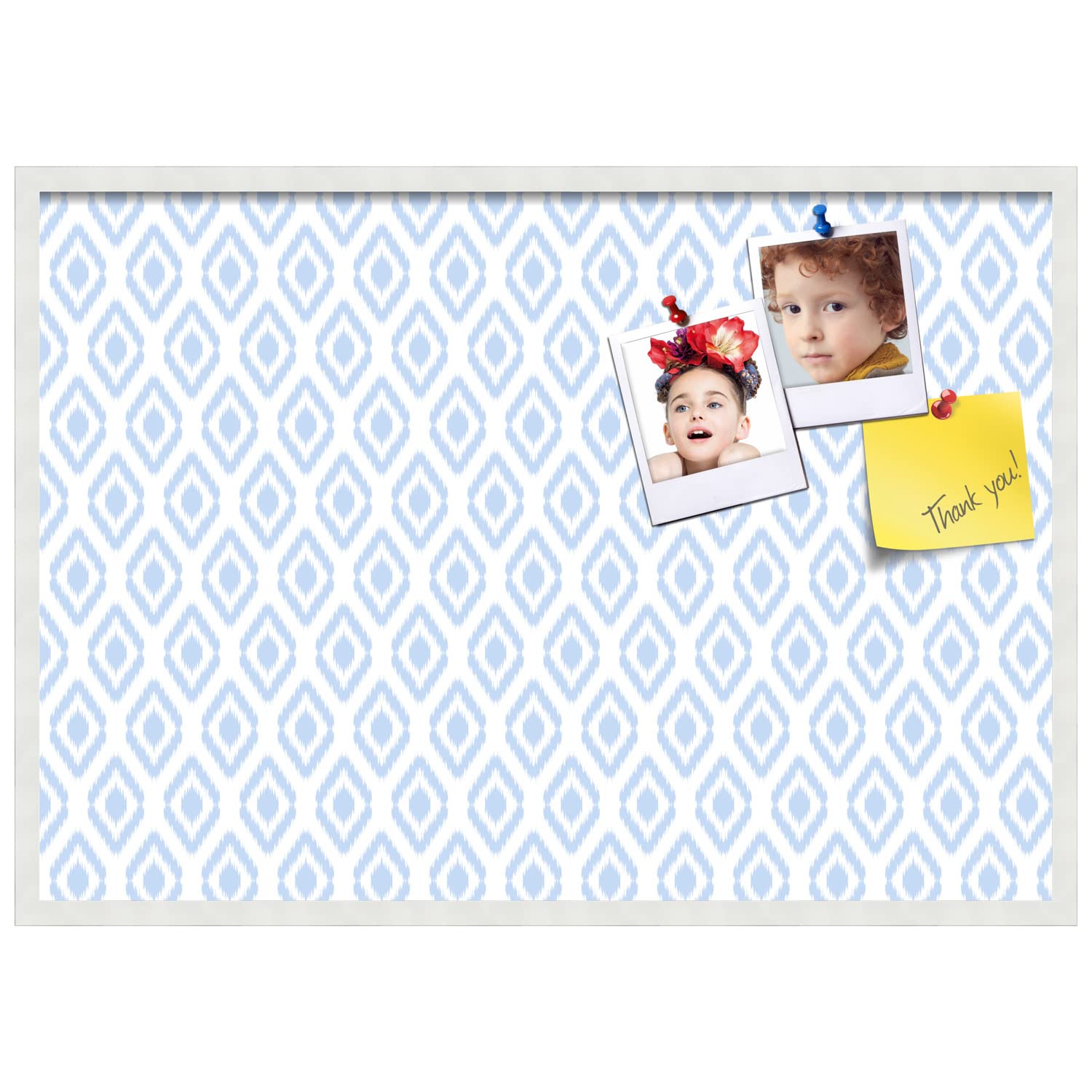 PinPix 40x28 Inch Cork Bulletin Board with Ikat Light Blue Design & Satin White Frame - Decorative Wall Organizer for Home Office, School Classroom, Dorm Room, or Workspace (PinPix-1633)