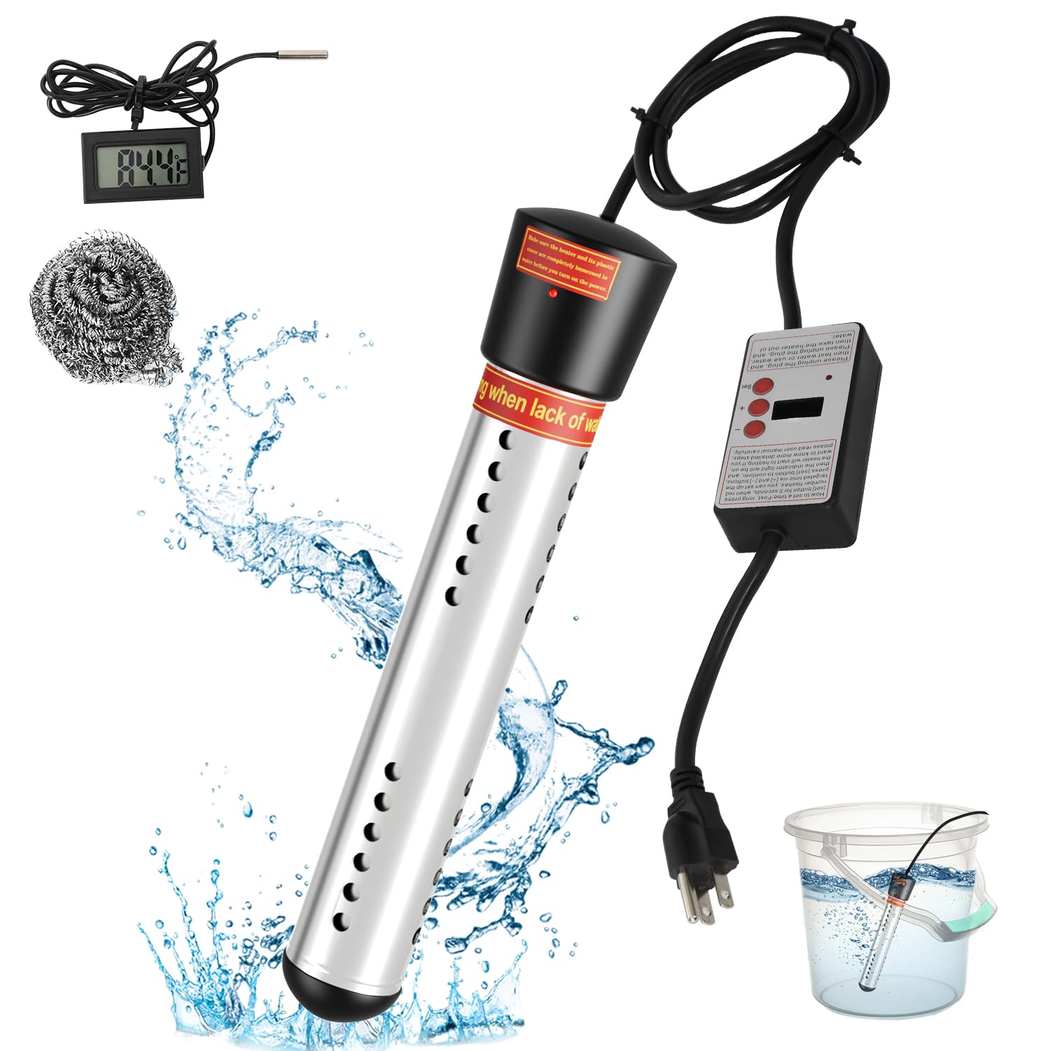 2000W Stainless Steel Immersion Water Heater with Digital LCD Thermometer - Bucket Heater for Pool, Bathtub, Inflatable Pool | Fast Heating for Home, Camping & Outdoor Use