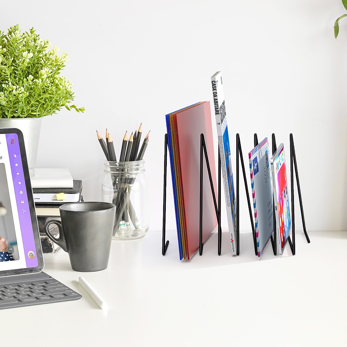 2-Pack Metal Triangle Desk File Organizer - 7-Slot Desktop Magazine Holder & Document Sorter for Office, School, Home - Black (Perfect for Organizing Papers, Books, and Office Supplies)