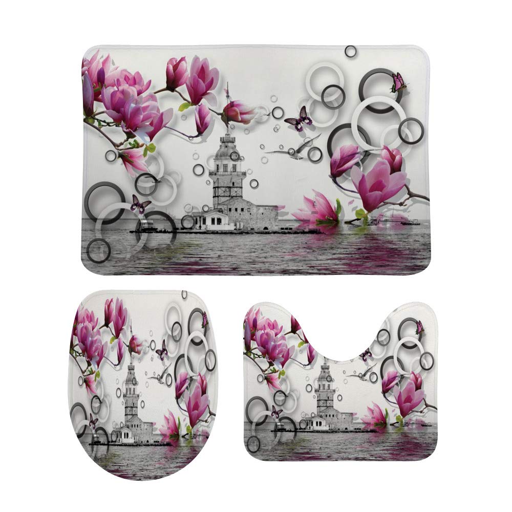 Non-Slip 3-Piece Bathroom Rug Set - Ultra Absorbent U-Shaped Toilet Mat with Contour Lid Cover for Bathroom Safety & Comfort | Perfect for Bathroom, Toilet, and Shower Areas