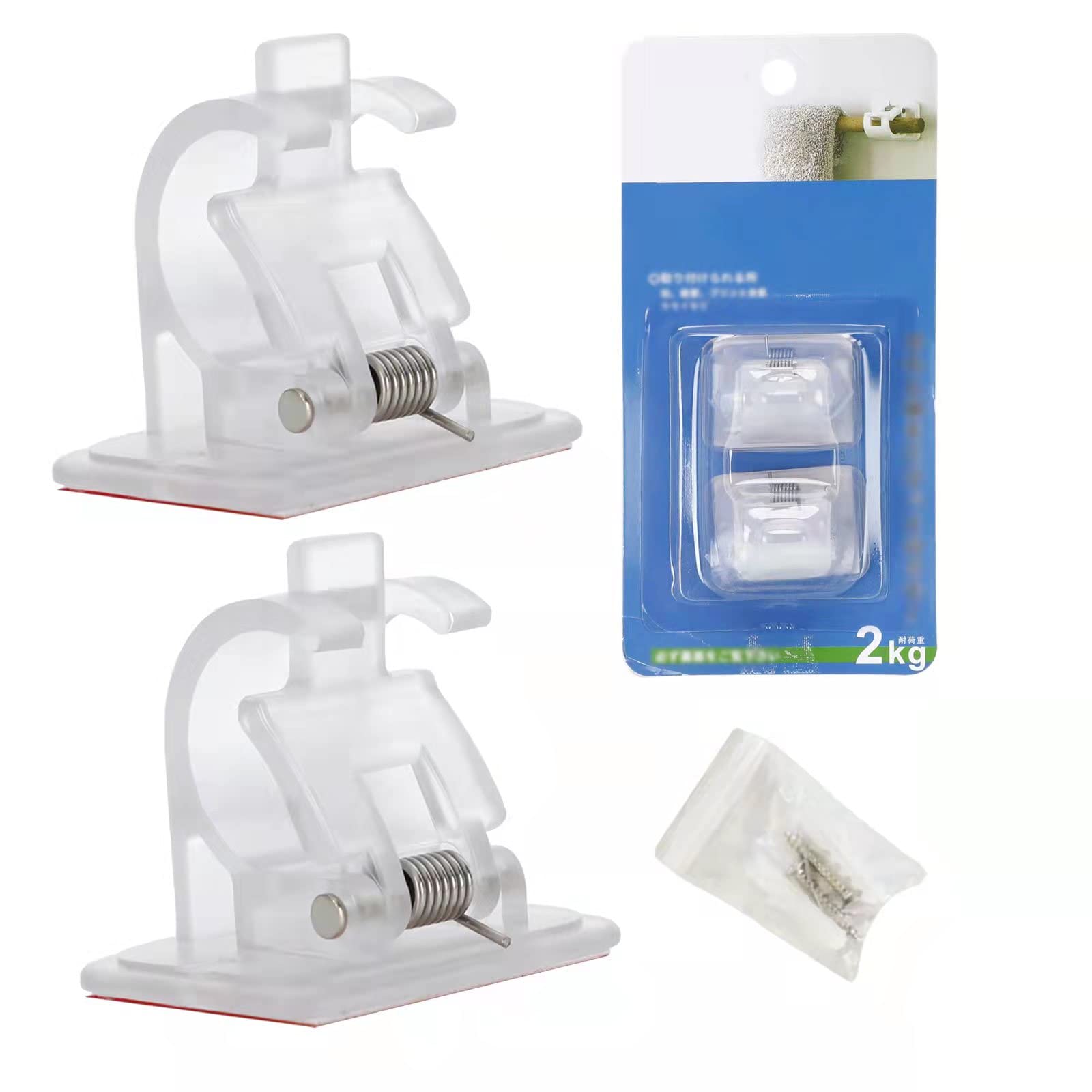 2PCS No Drill Self-Adhesive Curtain Rod Brackets - Clear Stick-On Wall Mount Holders for Curtains, Poles & Drapes - Perfect for Home, Hotel, Closet, Bookshelf & Small Windows (Easy Installation, Damage-Free)