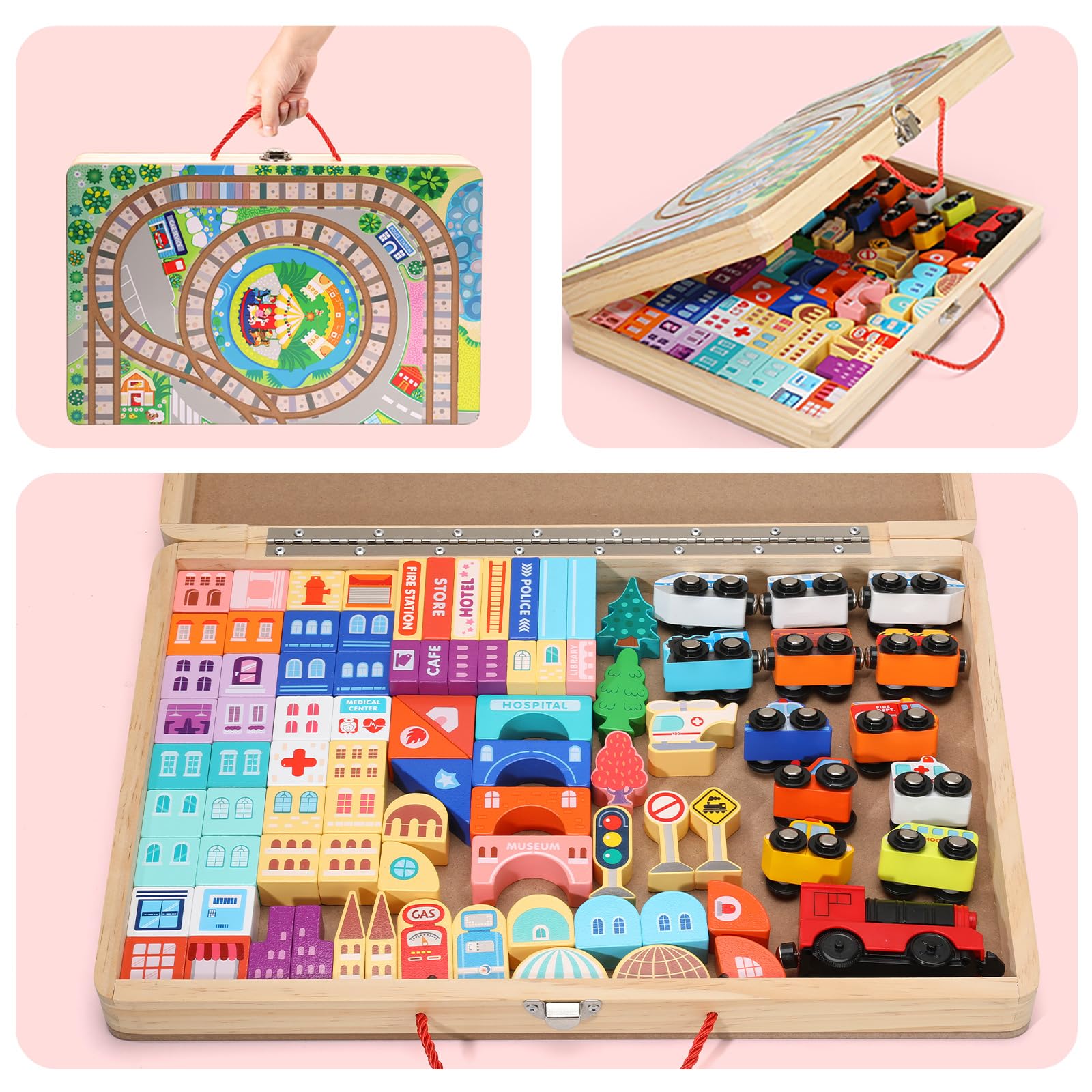 Large Wooden Building Blocks Set with Electric Train - City Construction Stacking Blocks for Preschool Learning & Educational Toys | Wooden Take-Along Tabletop Railroad Play Set for Toddlers | Perfect for Pretend Play, STEM Learning & Creative Development