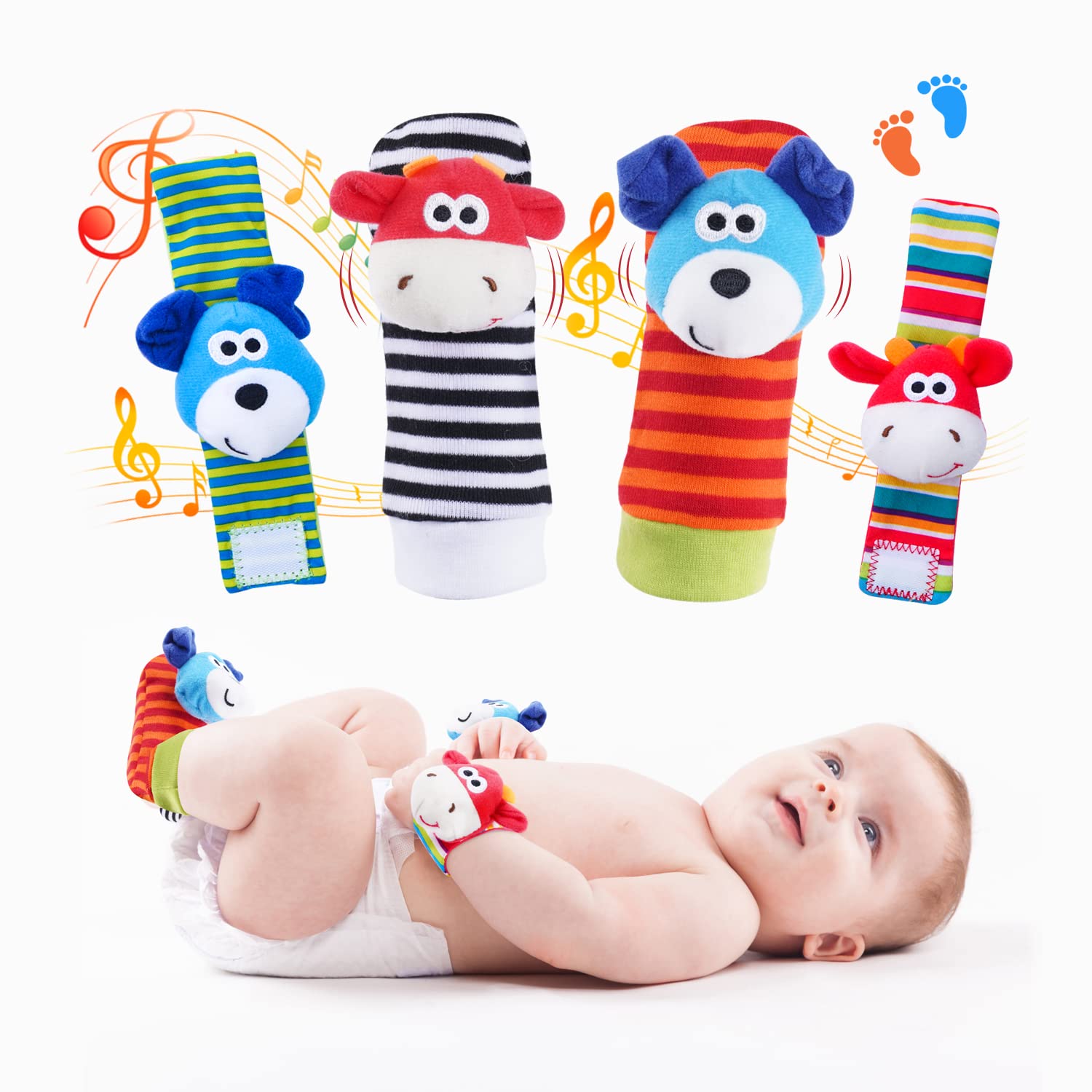 Koty Baby Wrist Rattles & Foot Finder Toys Set - Newborn Infant Rattle Socks, Arm Bracelet, Ankle Socks for Boys & Girls (Dog & Cow Design) - Perfect Sensory Toys for Early Development & Playtime Gifts