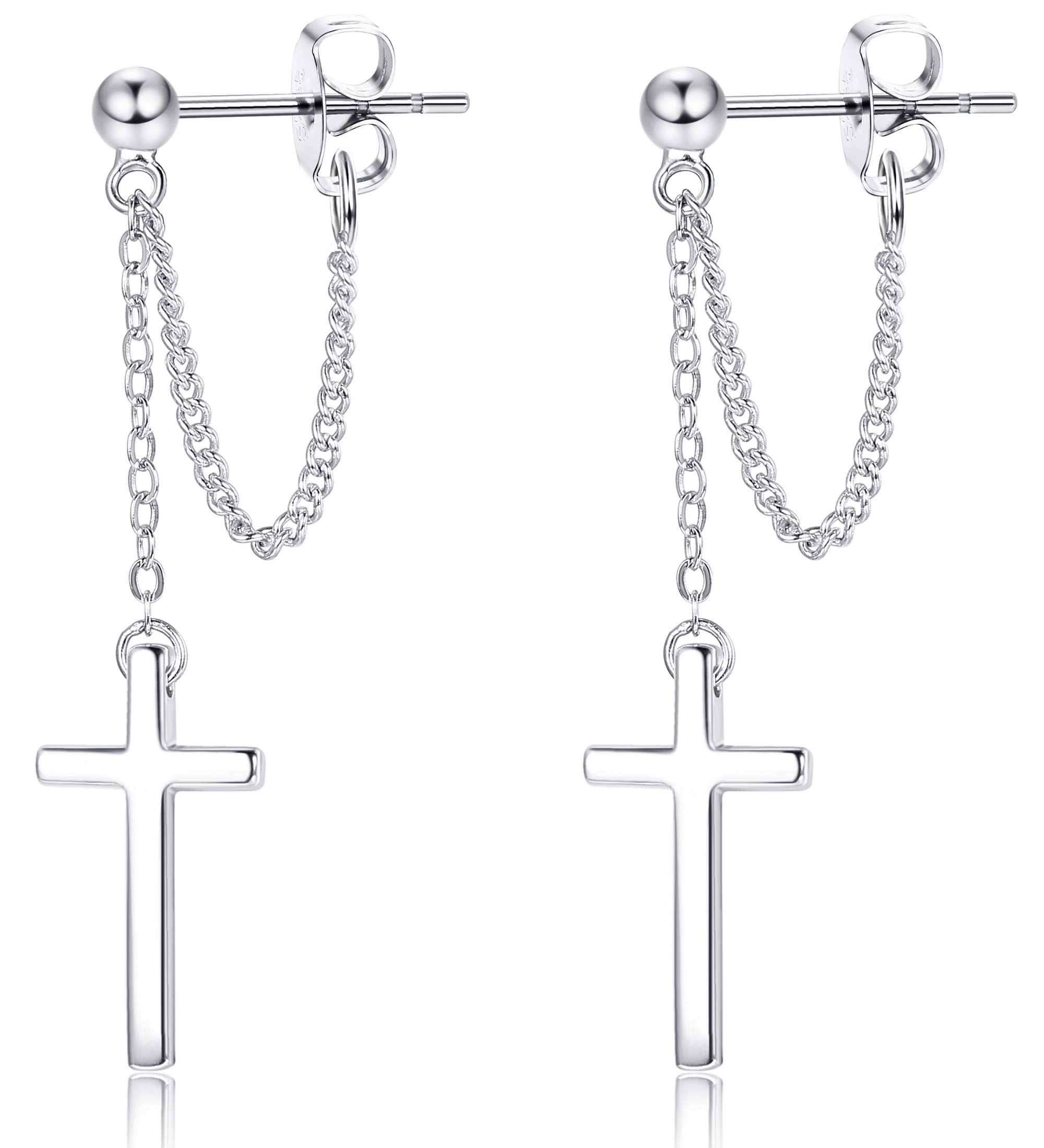 925 Sterling Silver Minimalist Cross Dangle Earrings for Women & Men - Tiny Punk Drop Earrings with Chain Butterfly Buckle - Perfect for Everyday Wear, Gifts, and Punk Fashion Style
