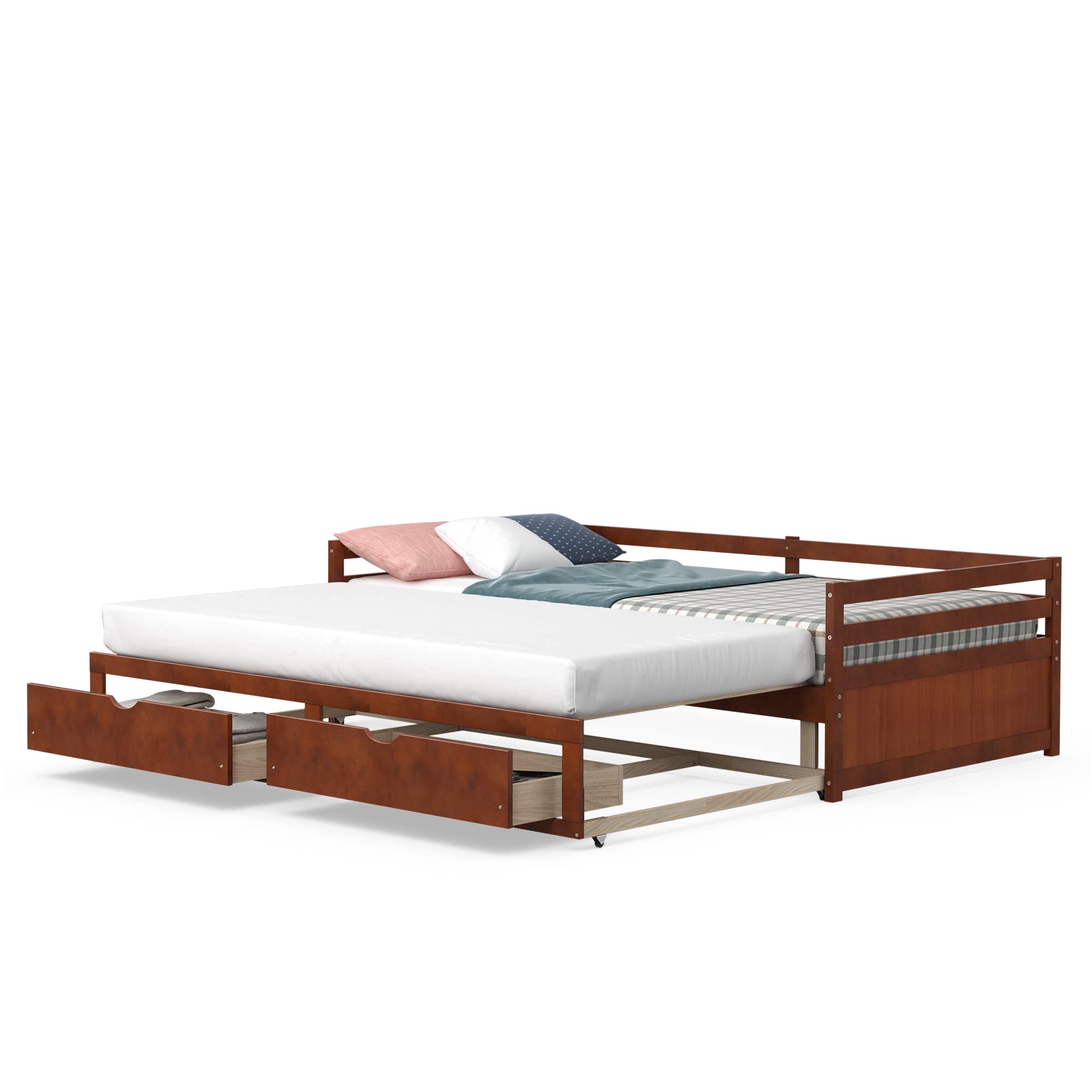 Giantex Wood Daybed with Trundle - Twin to King Size Extendable Daybed with 2 Storage Drawers, Modern Dual-Use Sofa Bed for Teens & Adults, No Box Spring Needed, Walnut Finish - Perfect for Small Bedrooms, Guest Rooms, and Living Spaces