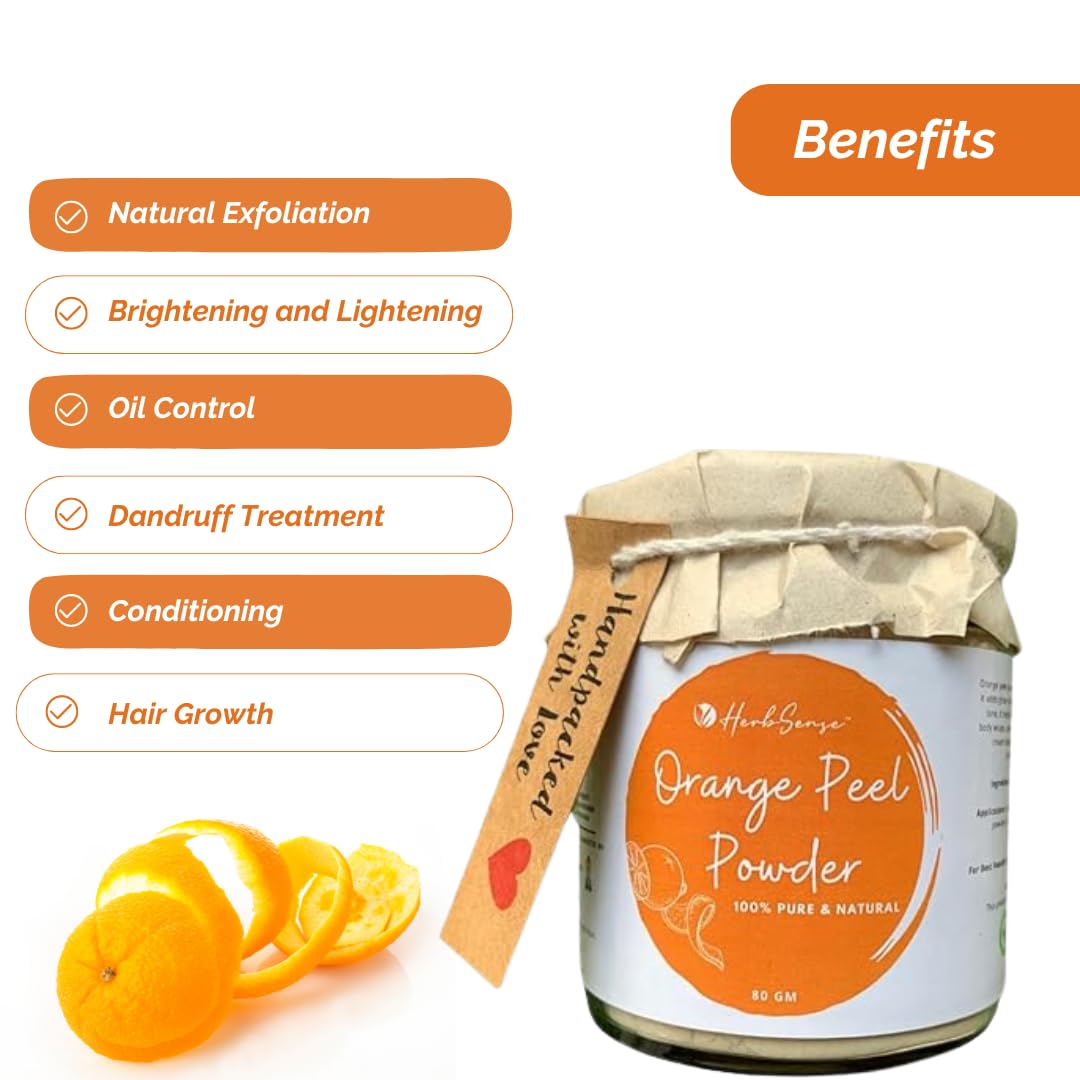 Herbsense 100% Natural Orange Peel Powder for Glowing Skin - Tan Removal, Sunburn Relief, Acne Scar Treatment & Oil Control | Chemical-Free Face Mask & Face Pack in Glass Jar (80g) | Perfect for Daily Skincare Routine & Spa Treatments