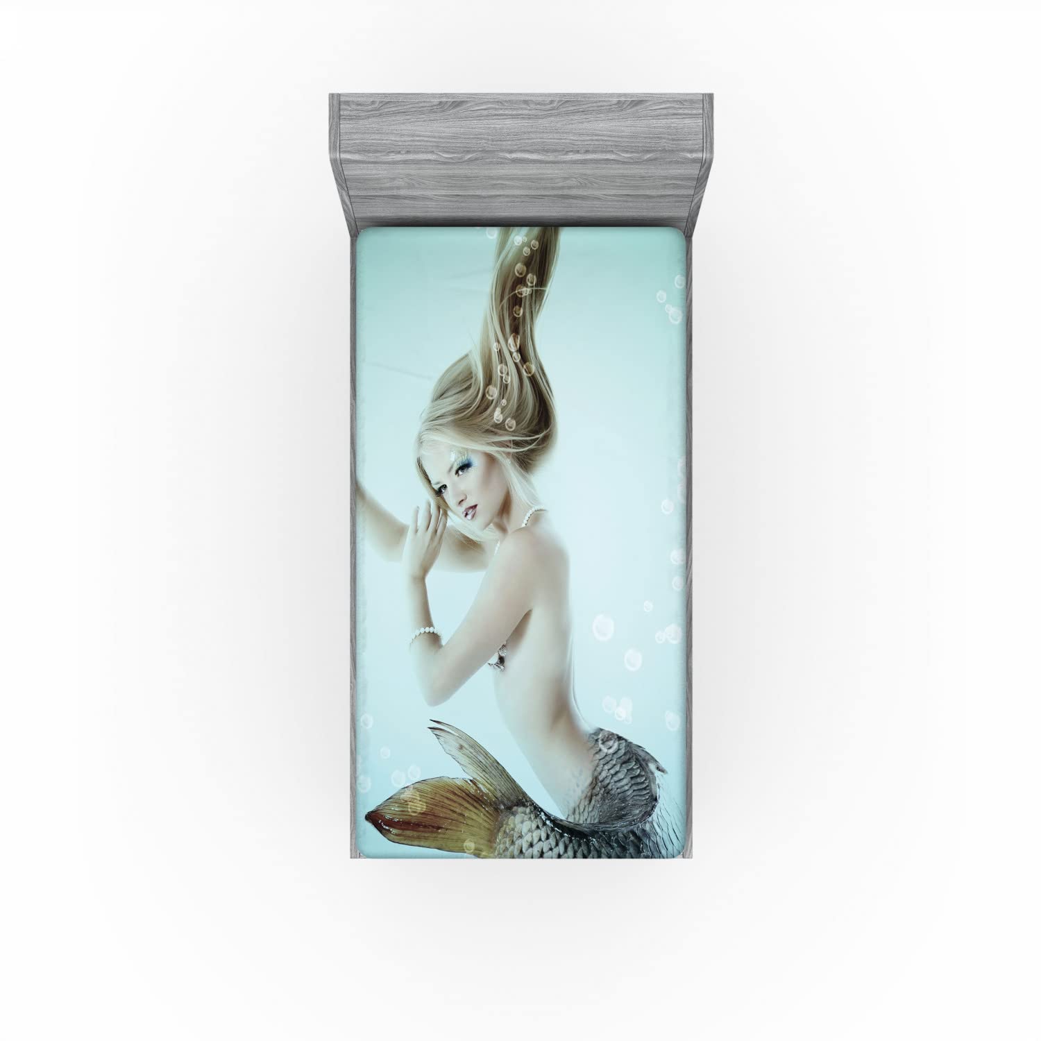 Ambesonne Mermaid Fitted Sheet - Underwater Themed Art Print with Floating Girl & Water Bubbles, Deep Pocket All-Around Elastic Twin XL Bed Cover in Seafoam Beige & Brown | Perfect for Kids' Rooms, Beach-Themed Decor & Mermaid Lovers
