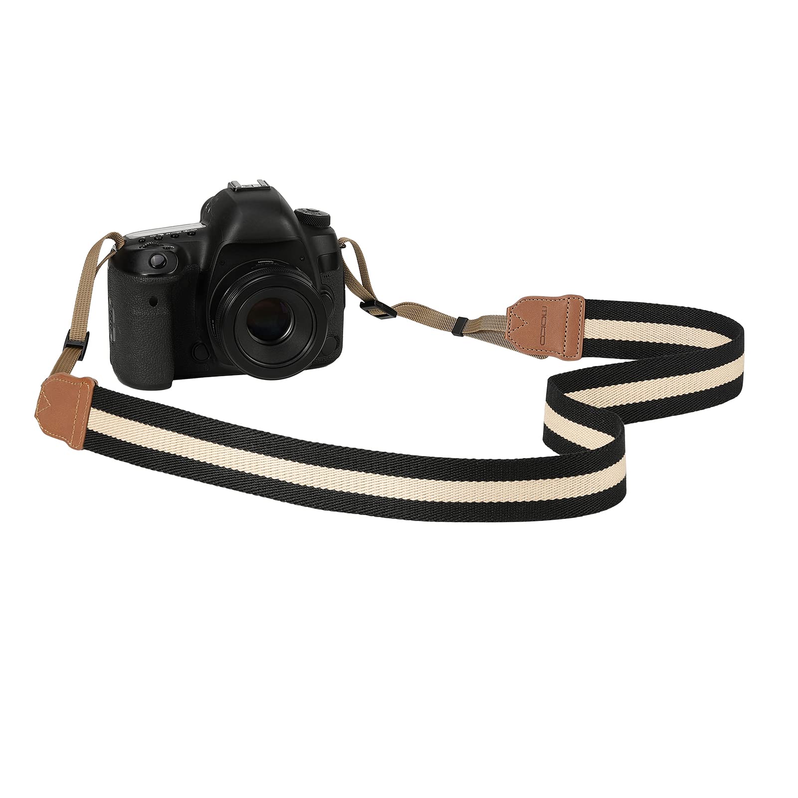 MoKo Adjustable Cotton Woven Camera Strap - Universal Neck & Shoulder Strap for DSLR, SLR, Mirrorless Cameras (Nikon/Canon/Sony/Panasonic) & Binoculars - Comfortable & Durable (Black & Beige) - Perfect for Travel, Photography & Outdoor Adventures