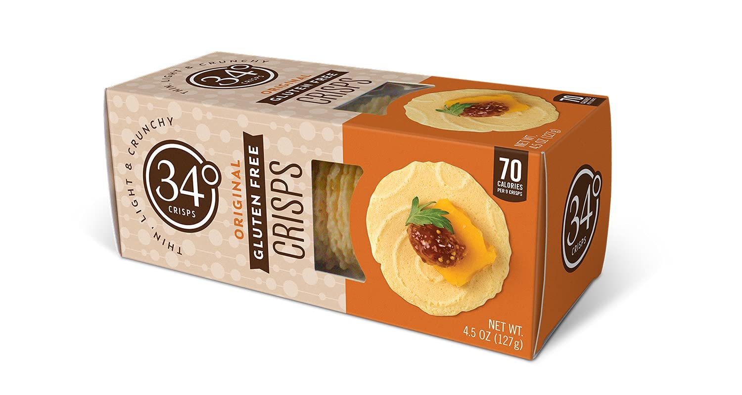 34 Degrees Crisps - Original Gluten Free Snacks | Thin, Light & Crunchy Gluten-Free Crackers, 3-Pack (4.5oz Each) | Perfect for Parties, School Lunches & Healthy Snacking