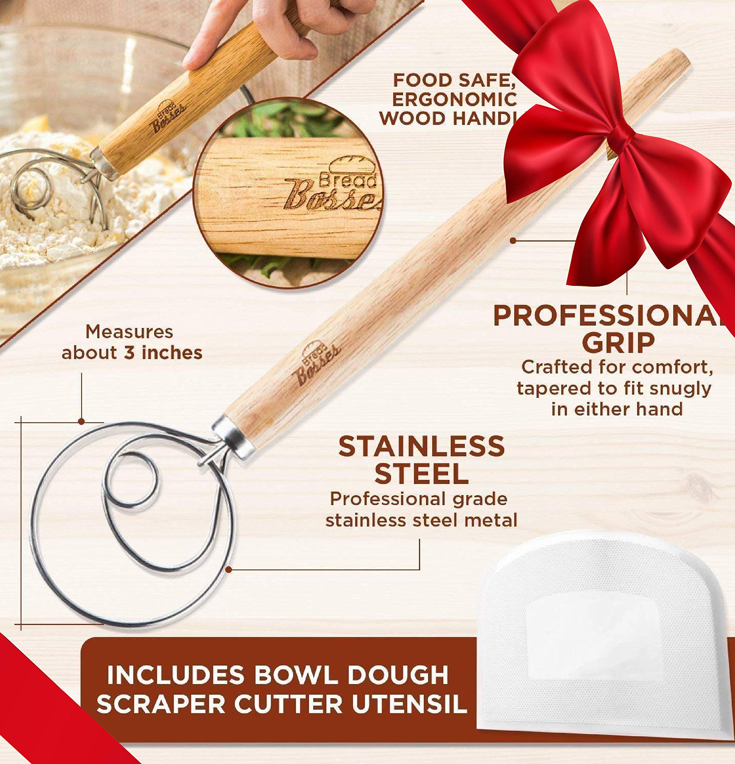 Premium Danish Dough Whisk - Heavy Duty Bread Mixer & Pizza Dough Hook - Perfect for Baking Bread, Pastries & Pizza Dough - Ideal Gift for Bakers & Home Chefs (Great for Kitchen, Bakery & Cooking Enthusiasts)