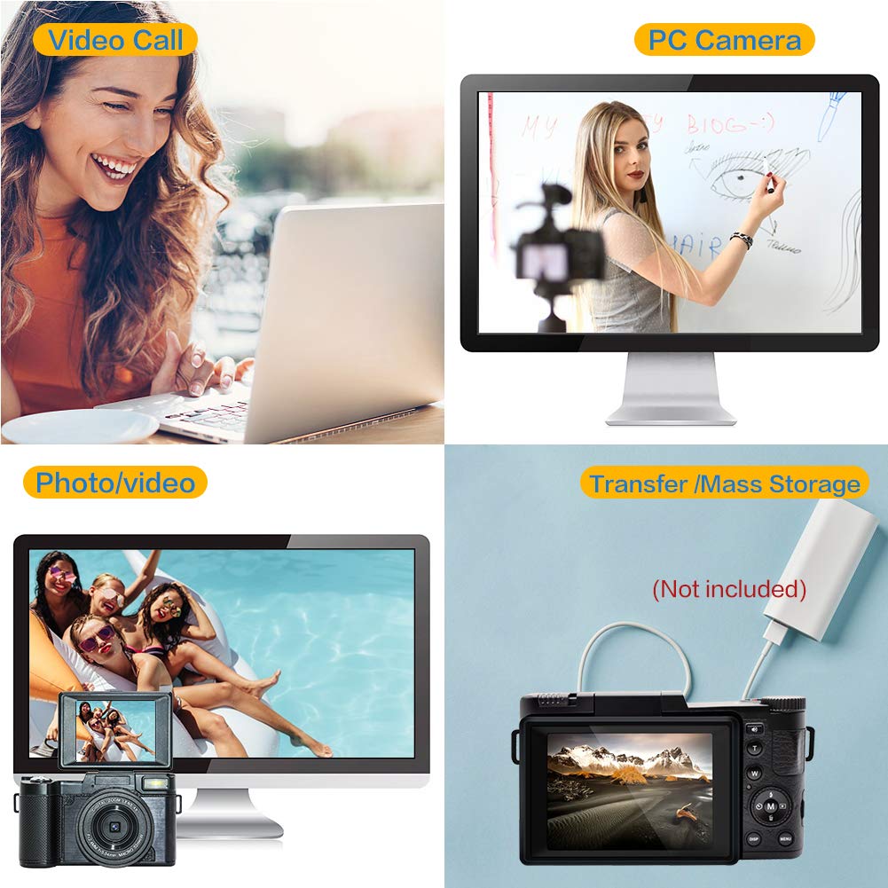2.7K 30MP Digital Camera with Flip Screen & Flash - Full HD Vlogging Camera for YouTube, 3 Inch LCD, 2 Batteries Included (Black) - Perfect for Travel, Blogging & Content Creation