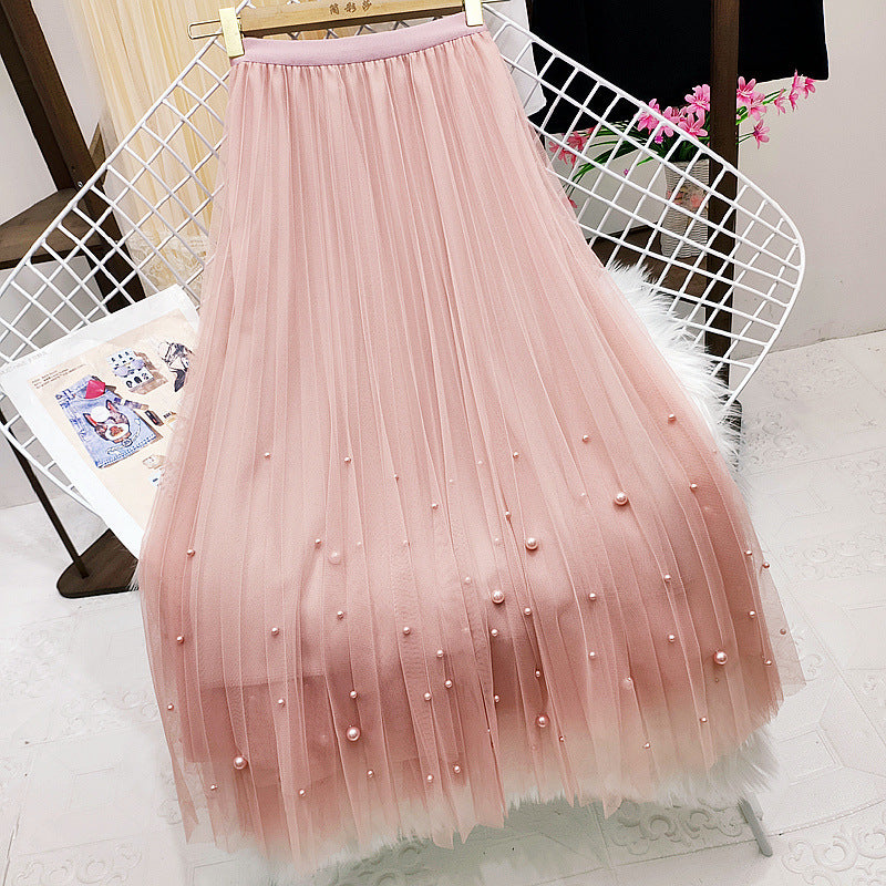 Beaded Mesh High Waist Fairy Pleated Midi A-Line Skirt for Women | Elegant Boho Summer Skirt for Beach, Party & Casual Wear | Style 731