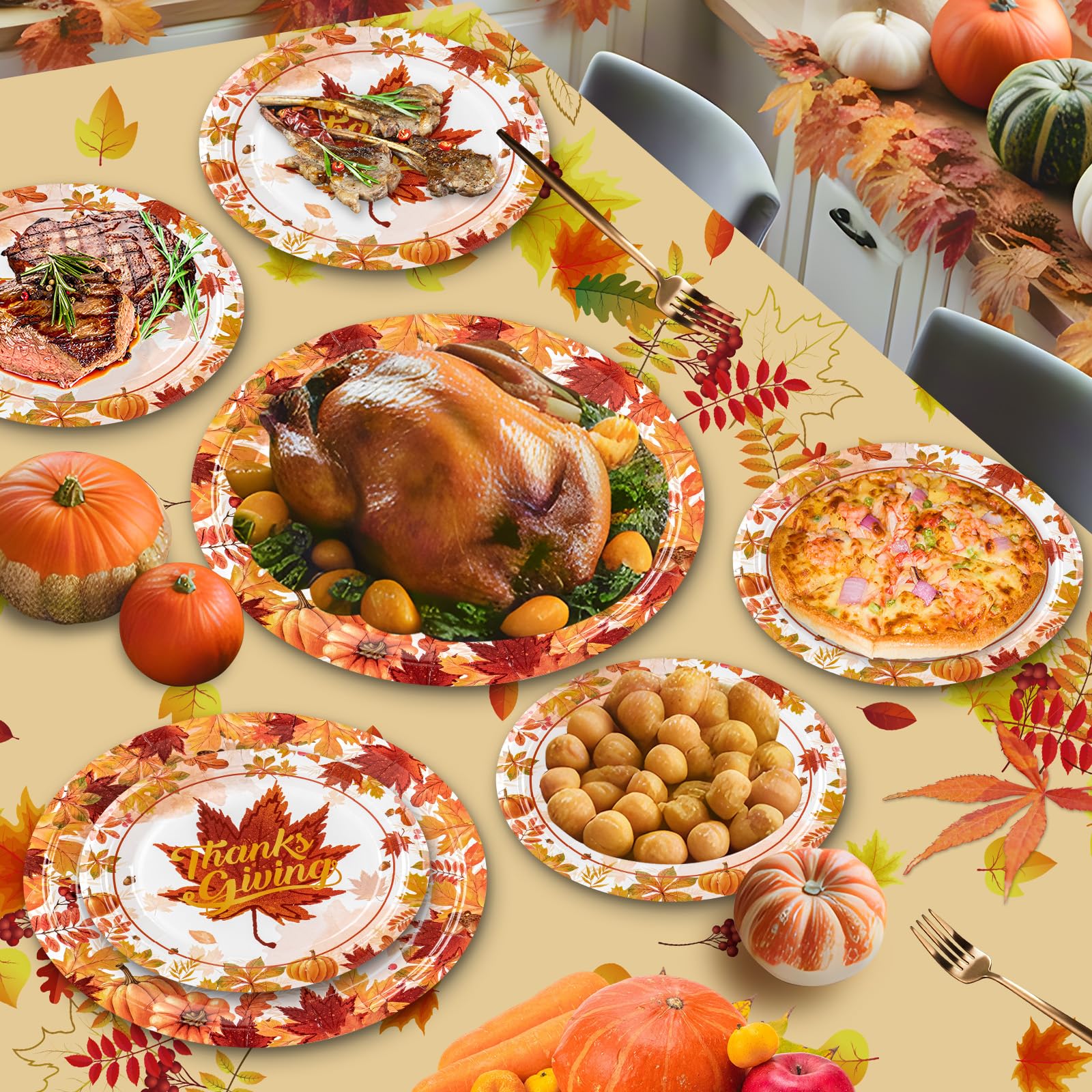 48 Pcs Thanksgiving Disposable Paper Plates Set - Fall Pumpkin & Maple Leaf Design Round Party Dinnerware for Autumn Thanksgiving Day, Halloween, Harvest Festival Decorations | Perfect for Holiday Gatherings, Family Dinners & Seasonal Table Settings
