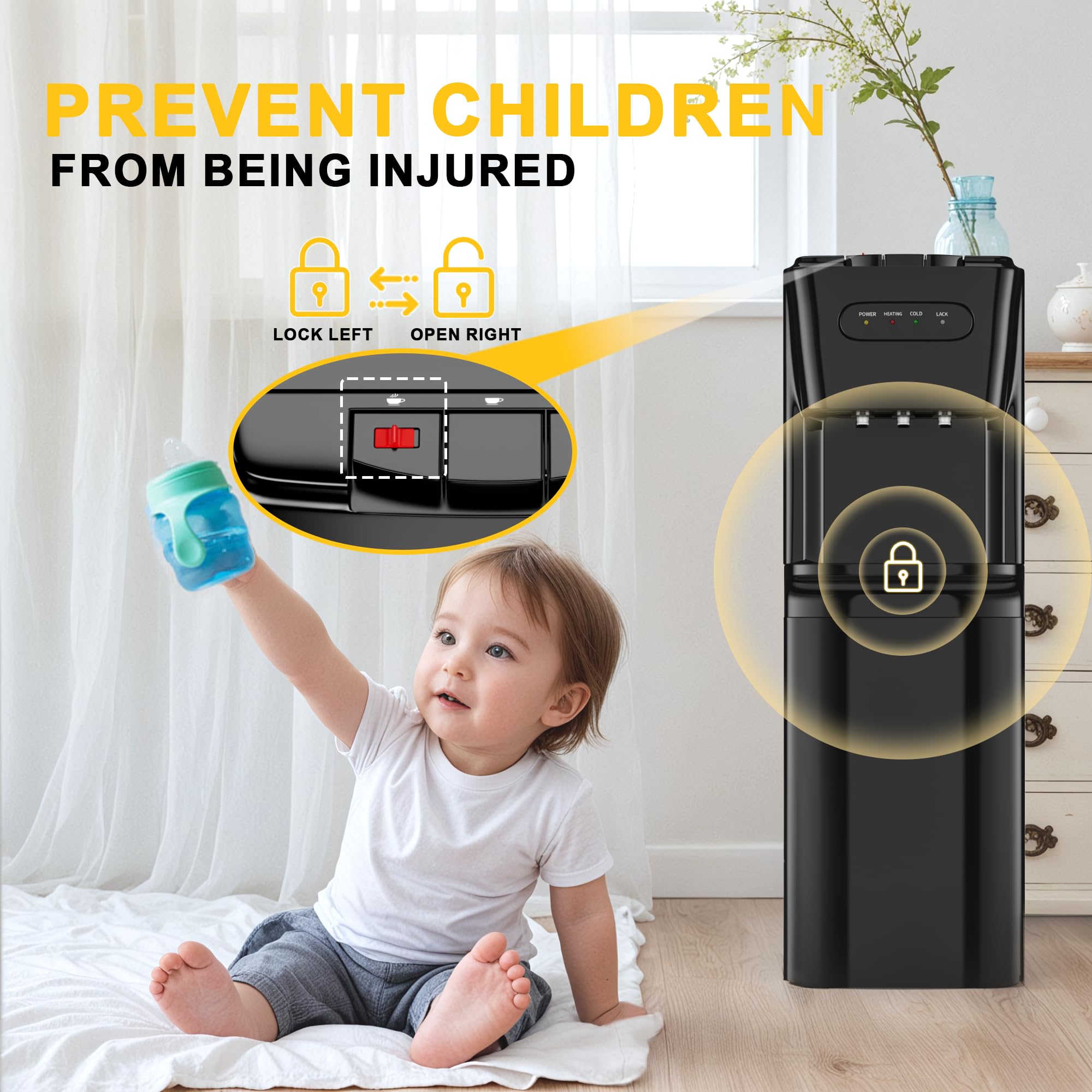 5 Gallon Bottom Loading Water Cooler Dispenser with Hot, Room & Cold Temperature Options - Child Safety Lock for Home, Office & Living Room - Perfect for Hydration in Workspaces, Family Kitchens and Dorm Rooms