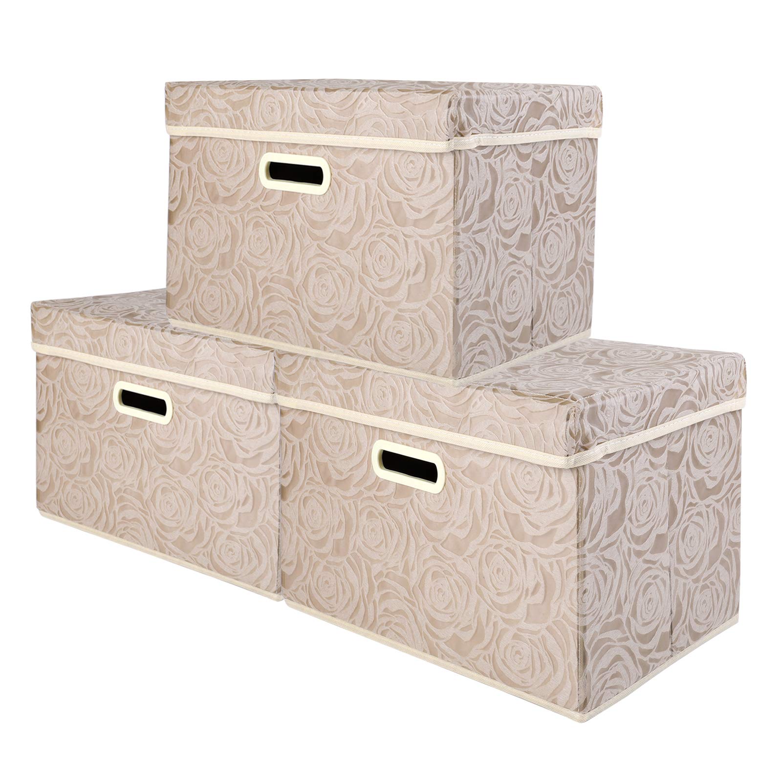 Lucky Monet 3-Pack Large Foldable Fabric Storage Bins with Lids & Handles - Rose Pattern Organizer Cubes (14.9