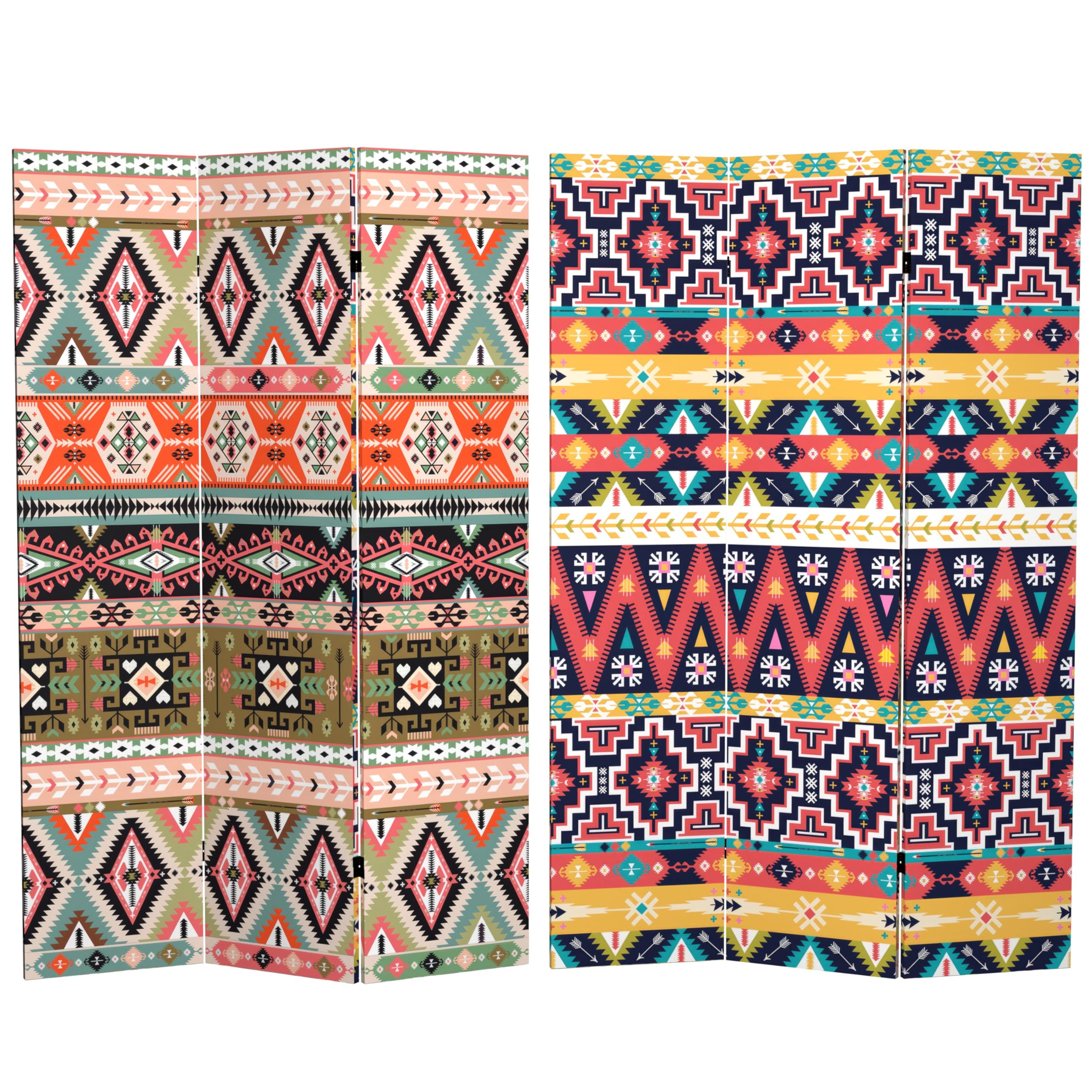6 ft. Tall Double Sided Ikat Pattern Red Lantern Canvas Room Divider - Multicolor Asian Inspired Folding Screen for Home Decor, Living Room Partition & Event Backdrop