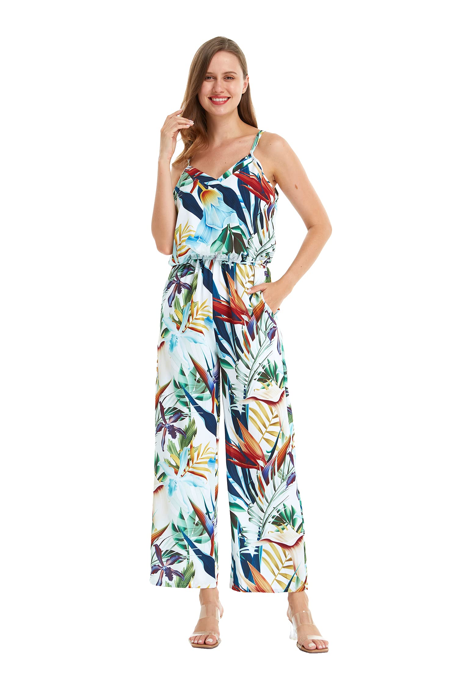 Women's Hawaiian Strap V-Neck Jumpsuit with Pockets - Simply Blue Leaves Print | Beach Vacation Outfit, Summer Party Dress, Casual Boho Romper