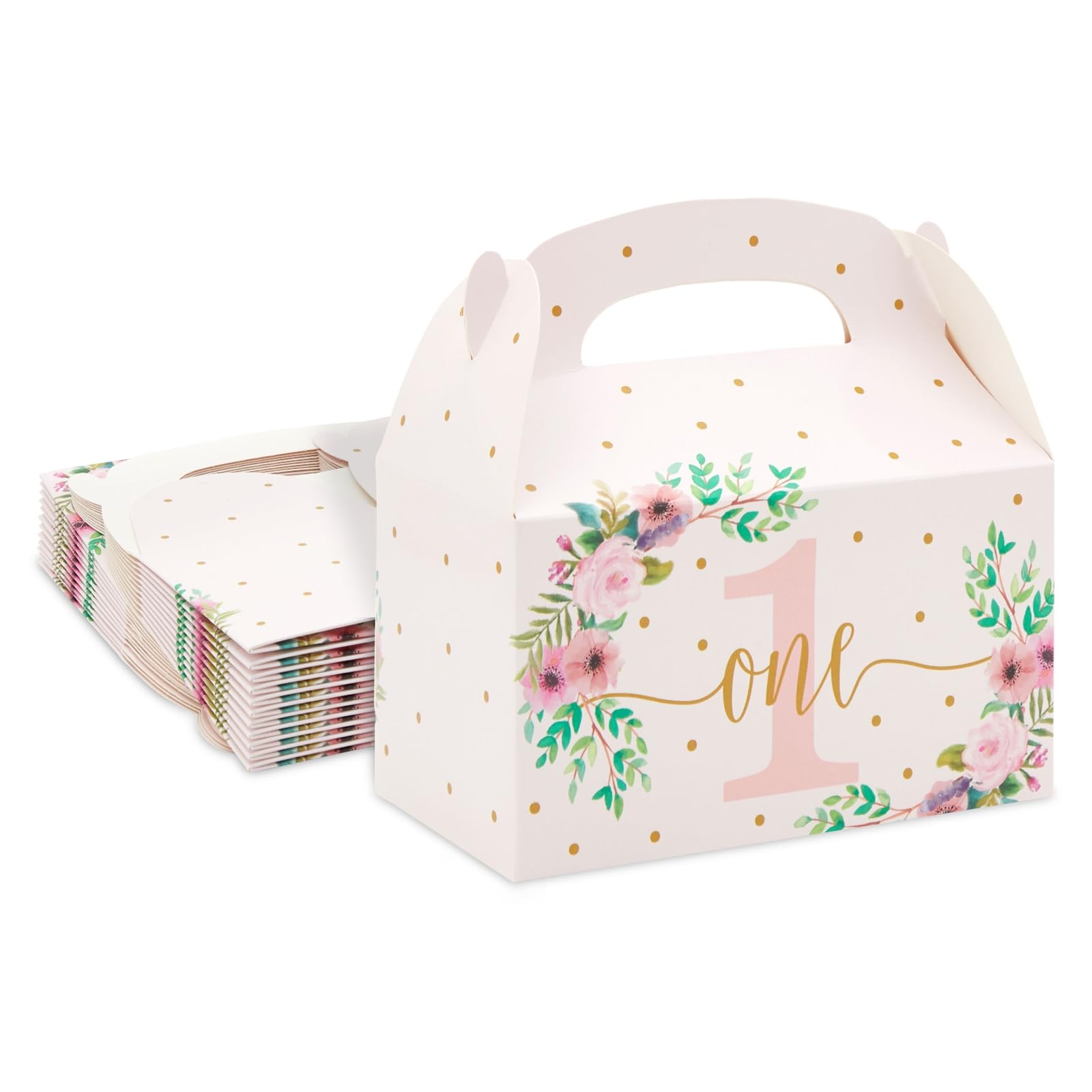 BLUE PANDA 24 Pack Pink Floral Gift Boxes for 1st Birthday Party Favors - 6.2 x 3.6 x 3.3 inch Goodie Gable Boxes - Baby Girl Birthday Candy Containers - Perfect for First Birthday Celebrations, Baby Showers & Gender Reveal Parties