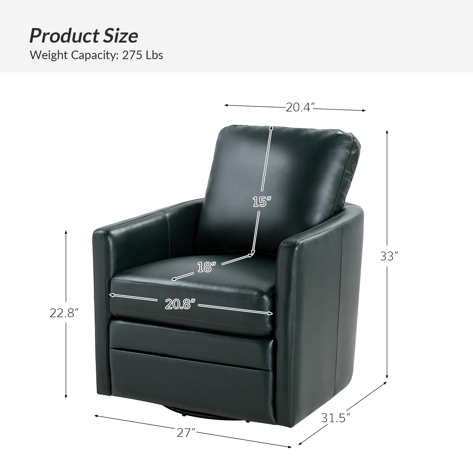 Modern Leather Swivel Barrel Chair with Removable Pillow - Accent Armchair for Living Room, Home Office & Lounge - HULALA HOME Comfortable Seating Furniture