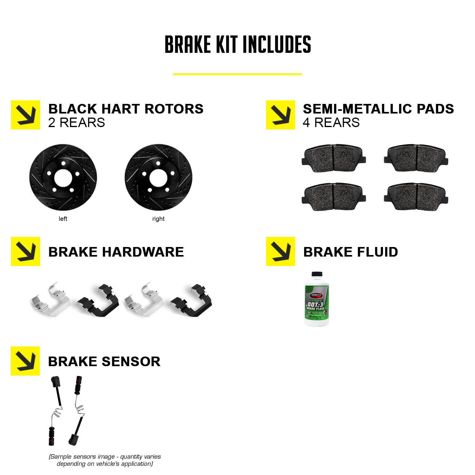 Hart BHC1.31172.53 Rear Brake Pads and Rotors Kit - Semi-Metallic Brake System with Hardware Kit & Sensor | Perfect for Truck, SUV, and Sedan Brake Replacement & Maintenance