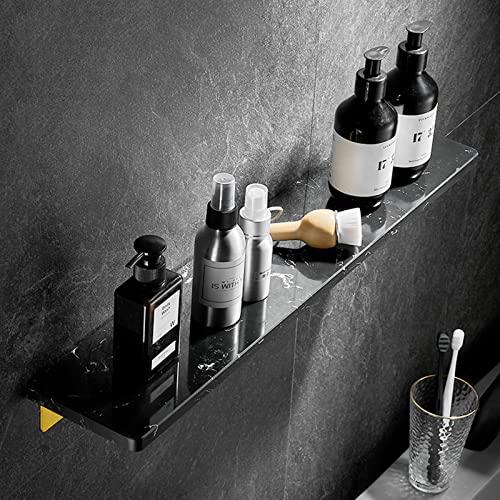 Wall Mounted No Drill Shower Basket Organizer - Rustproof Adhesive Marble Bathroom Storage Rack (40cm, Black) for Shampoo, Soap & Bath Essentials