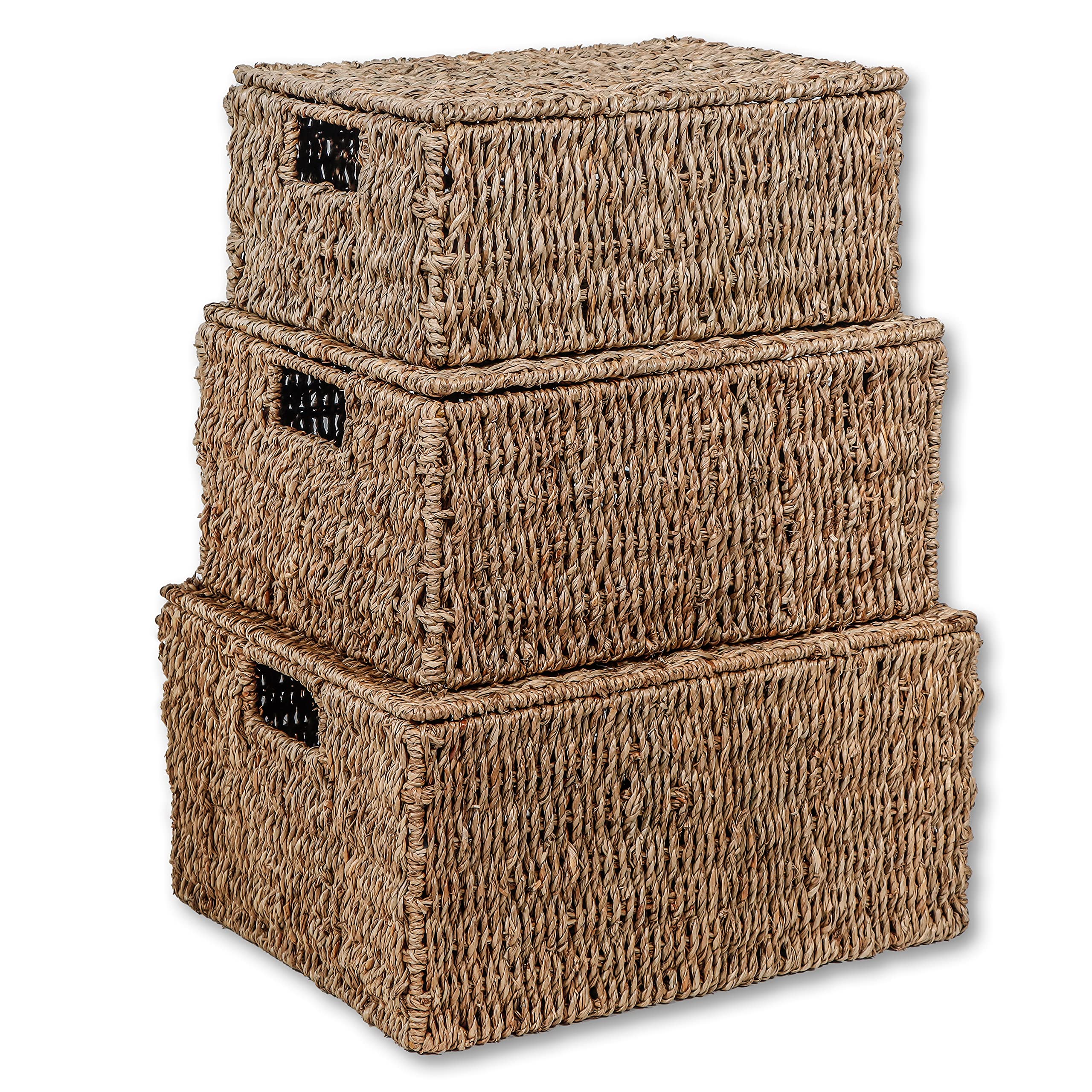 Natural Seagrass Baskets with Lids - Set of 3 for Home Storage