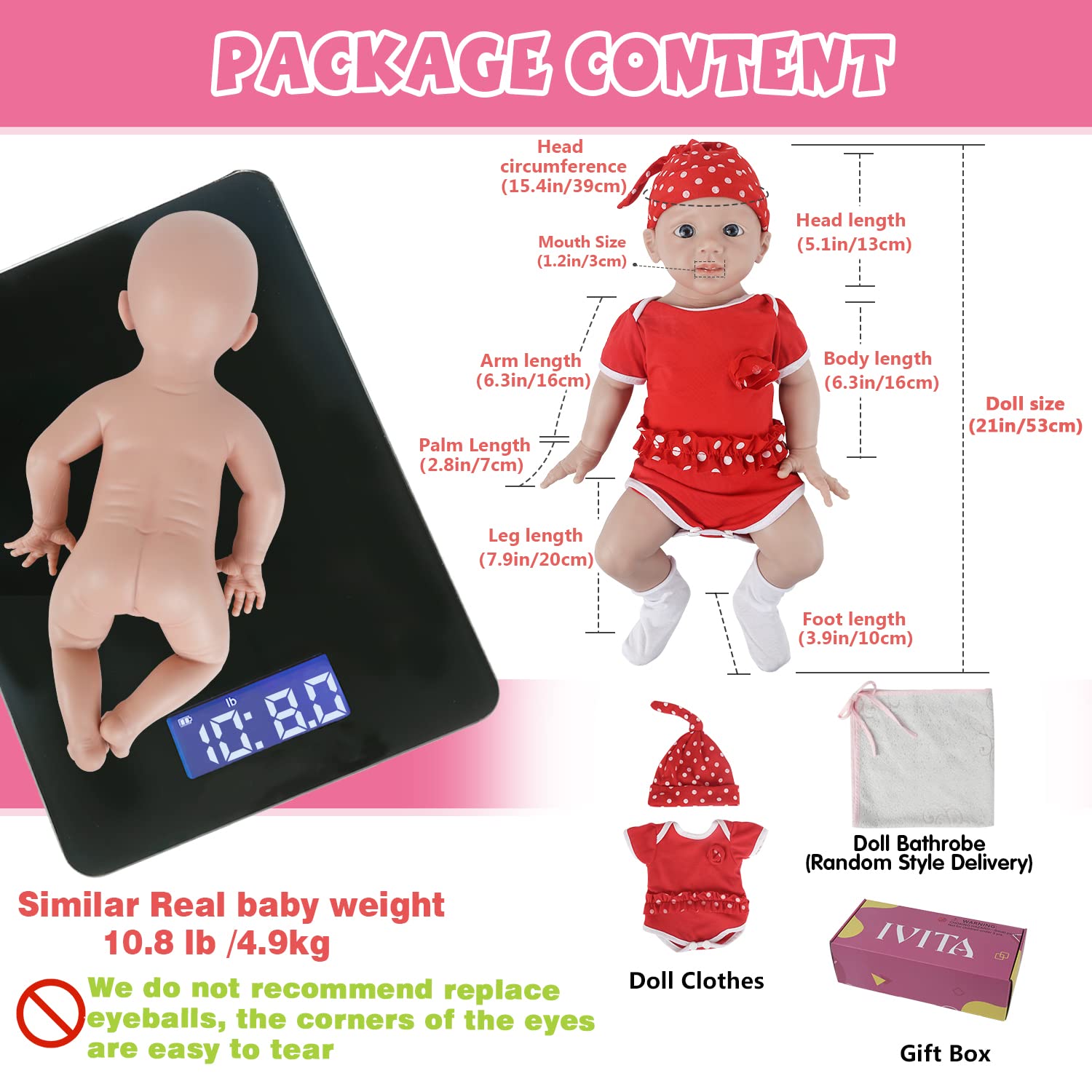 IVITA 21 Inch Realistic Full Body Silicone Baby Doll - Ultra Soft Lifelike Newborn Girl Doll for Play, Photography Props, and Nursery Decor