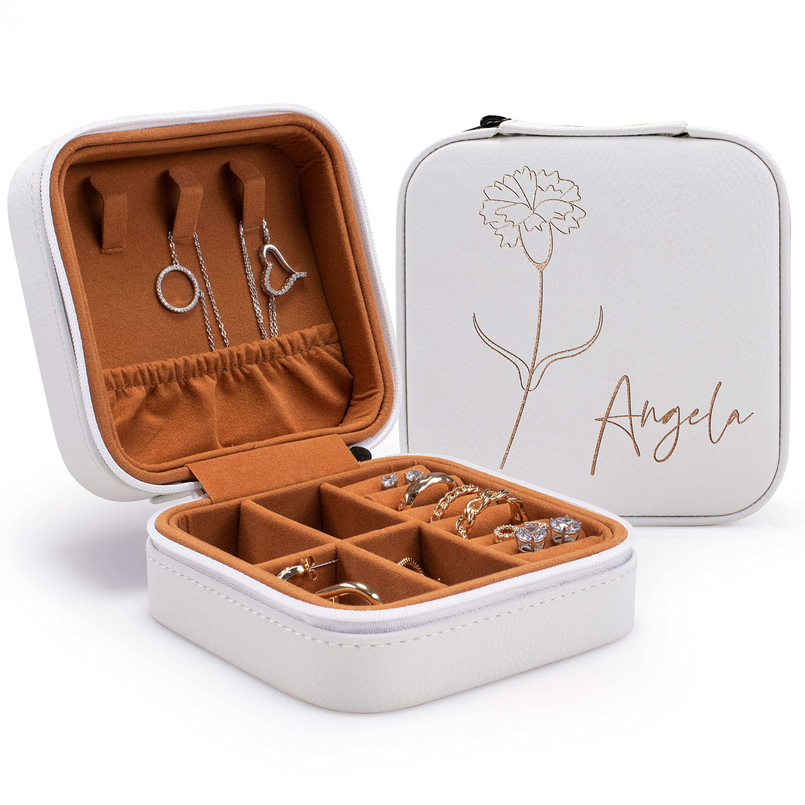 Personalized Leather Jewelry Box with Custom Name & Birth Flower - Elegant Jewelry Organizer for Women, Travel Jewelry Case, Unique Birthday Gift for Mom, Wife, Girlfriend - Perfect for Travel, Storage, and Special Occasions - White