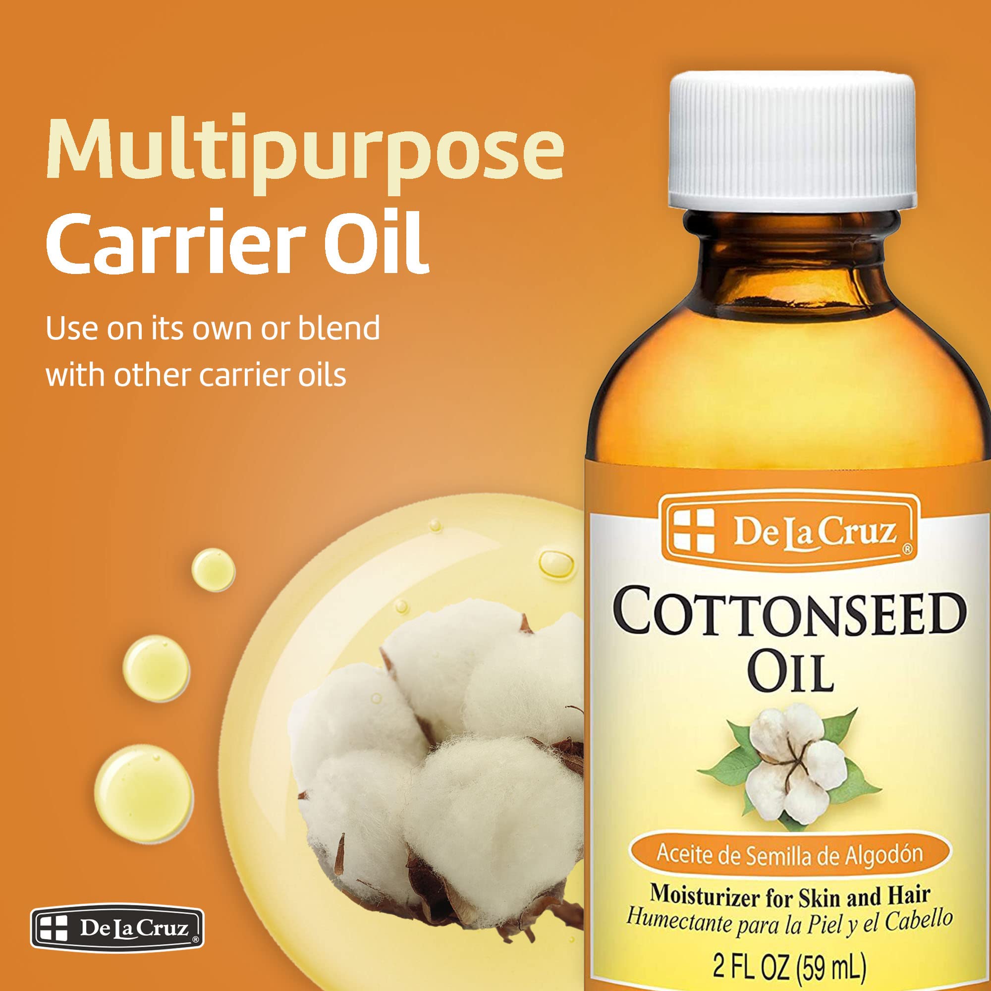 De La Cruz 100% Pure Cottonseed Oil for Skin & Hair - Natural Moisturizer & Multipurpose Carrier Oil - 2 Fl Oz (3 Pack) - Perfect for Massage, Aromatherapy & DIY Beauty Products