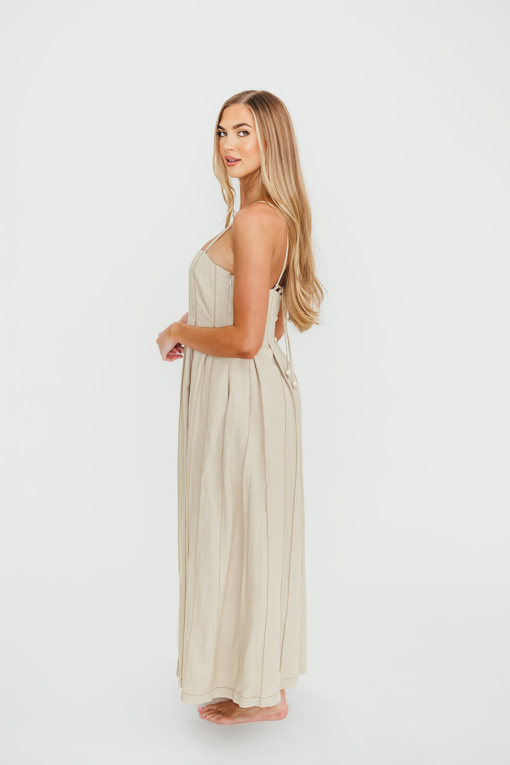 Mei Linen Stitch Maxi Dress in Khaki - Women's Boho Summer Beach Dress for Vacation, Wedding & Casual Outings