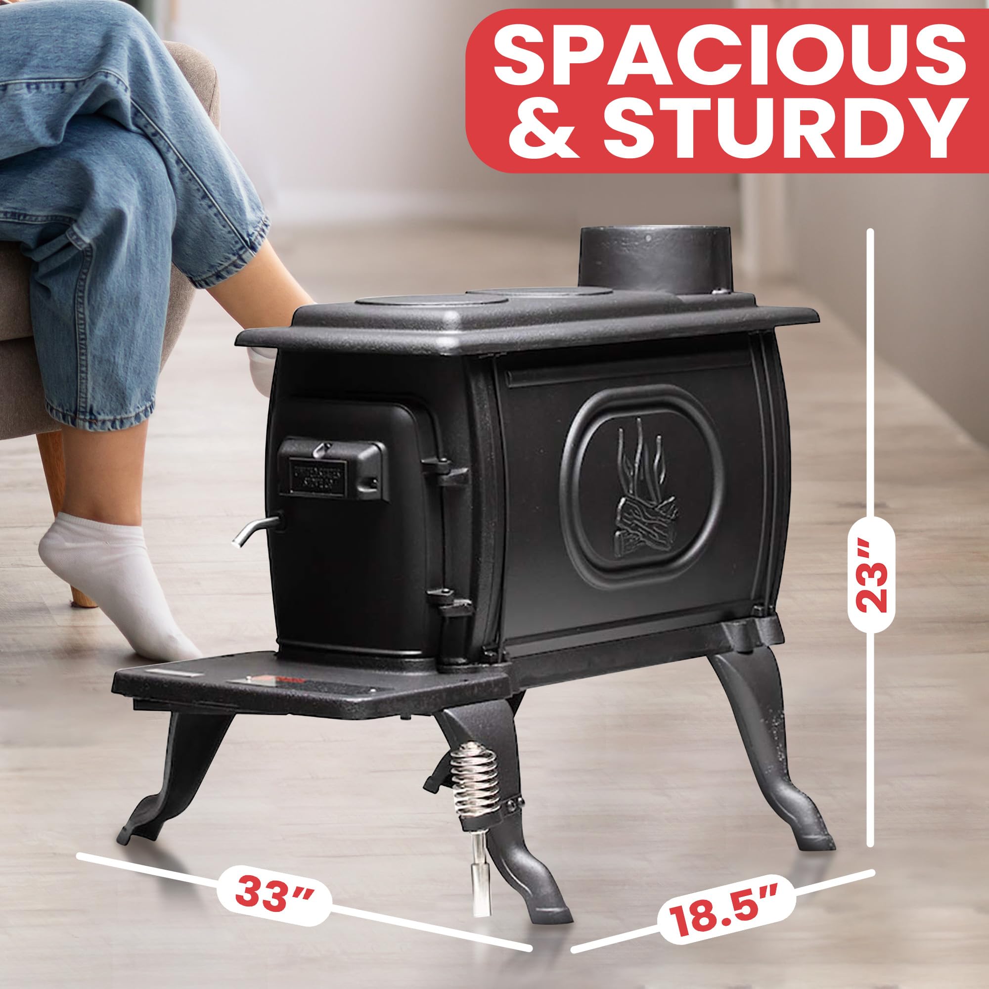 US Stove Company Cast Iron Wood Stove with Cool-Touch Safety Handle - 54,000 BTU High-Efficiency Heater for Cabins, Homes & Outdoor Use