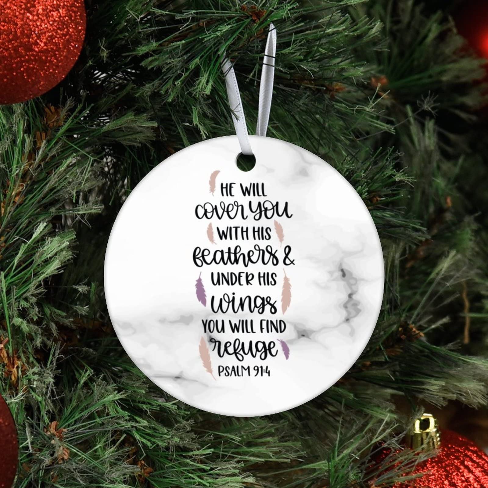 Personalized Psalm 91:4 Ceramic Christmas Ornament - 'He Will Cover You with His Feathers' Bible Verse Hanging Keepsake, 3x3 Inch Holiday Decor for Tree, Gift & Home Decoration
