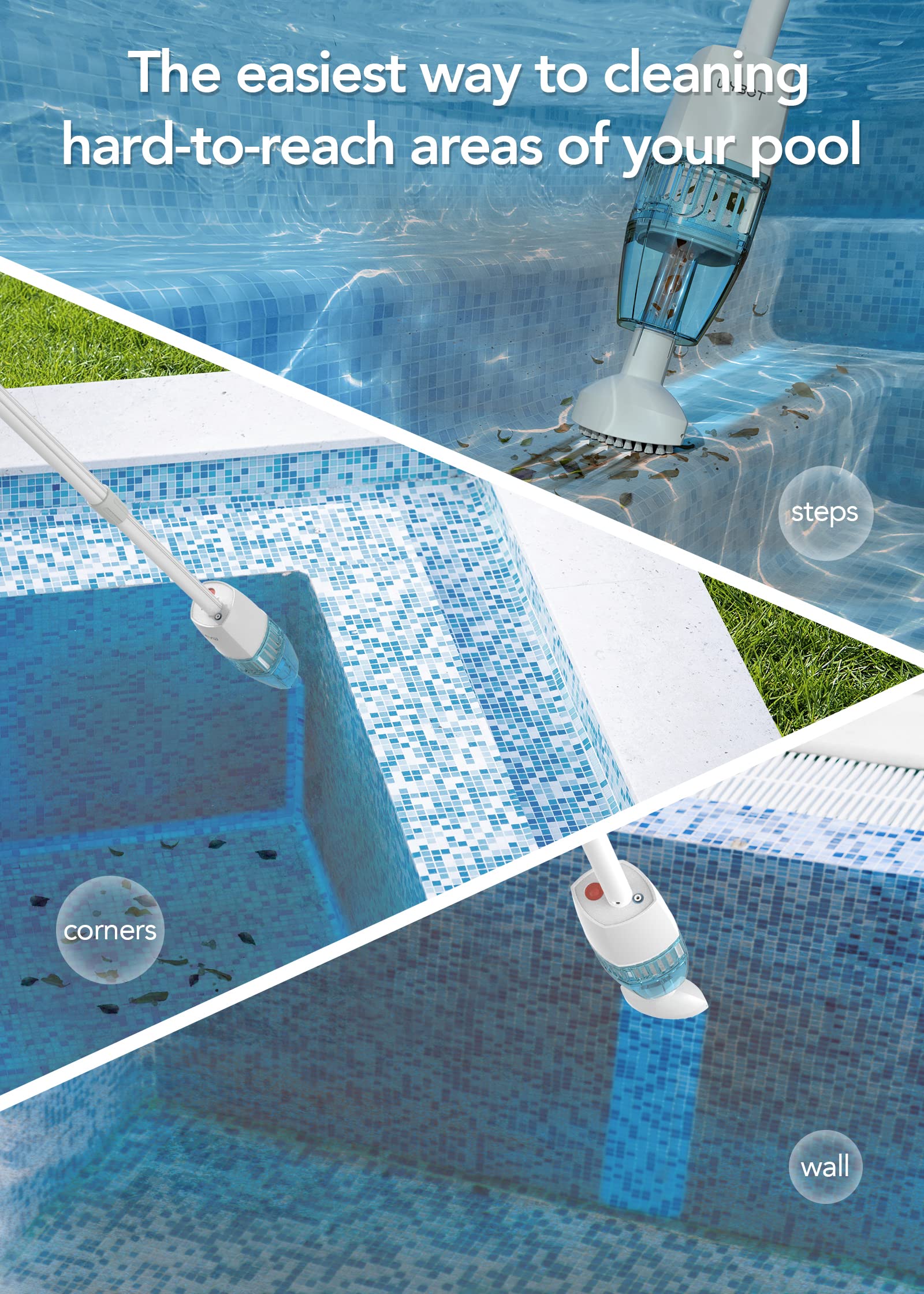 2023 Upgraded WYBOT Cordless Pool Vacuum Cleaner - Rechargeable Handheld Pool Cleaner with Telescopic Pole, 60 Mins Runtime & Powerful Suction for Deep Cleaning | Ideal for Above Ground Pools, Spas, Hot Tubs - Perfect for Weekly Pool Maintenance and Quick Spot Cleaning