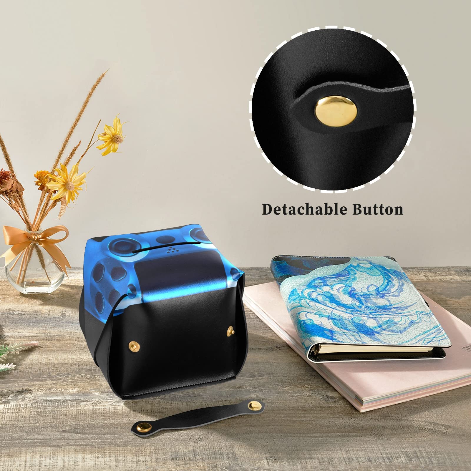 Blue Neon Light Video Game Joystick Gamepad - Leather Tissue Box Cover with Handle (9.4x5.1x3.6 in) for Bathroom, Home, Office & Car - Perfect for Gaming Setups, Nightstands & Vanity Countertops