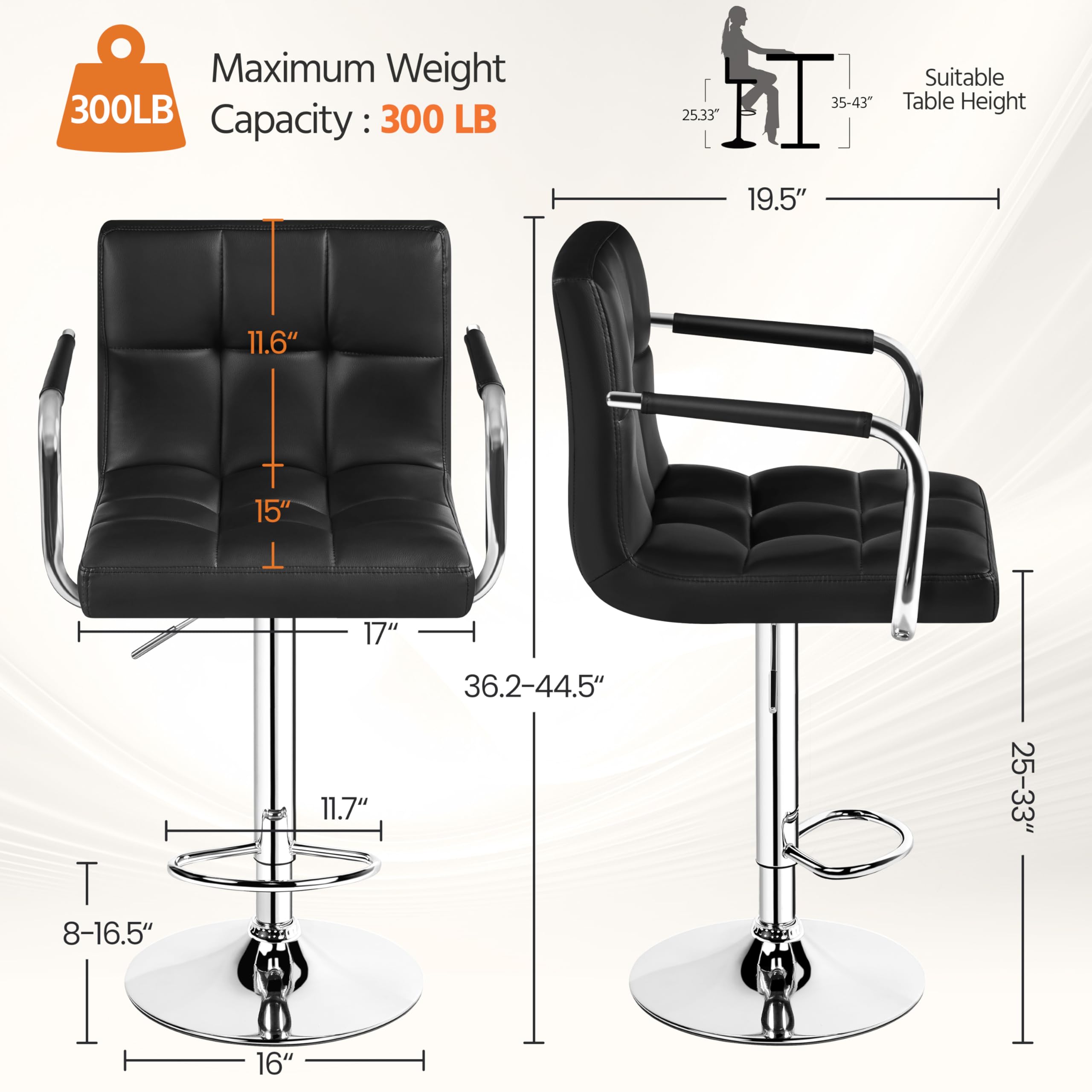 Yaheetech 2-Pack Adjustable Swivel Bar Stools with PU Leather Seat - Hydraulic Height Counter Stools with Armrest & Back Support for Kitchen, Bar & Dining Room - Perfect for Breakfast Nook, Home Bar & Entertainment Areas - Black