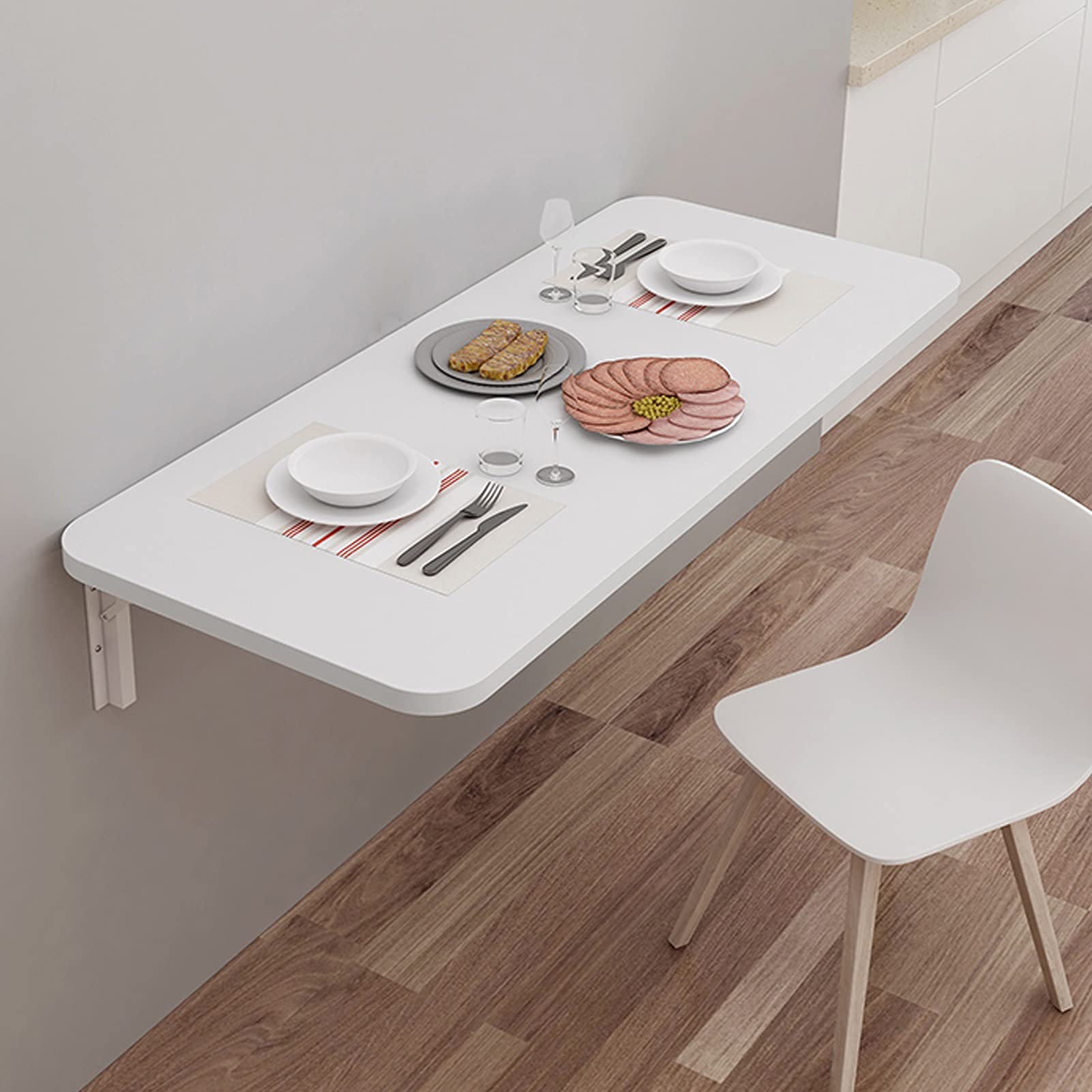 Foldable Wall Mounted Breakfast Bar Table - Space Saving Drop Leaf Kitchen & Dining Table, Computer Workstation for Small Spaces | Perfect for Apartments, Dorms, Home Offices & Compact Living Areas (White, 7)