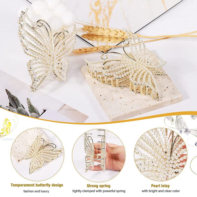 2Pcs Butterfly Pearl Hair Claw Clips - Large Non-Slip Strong Hold Hair Clips with Bling Pearls for Women, Elegant Fairy Hair Accessories for Parties, Weddings & Everyday Style