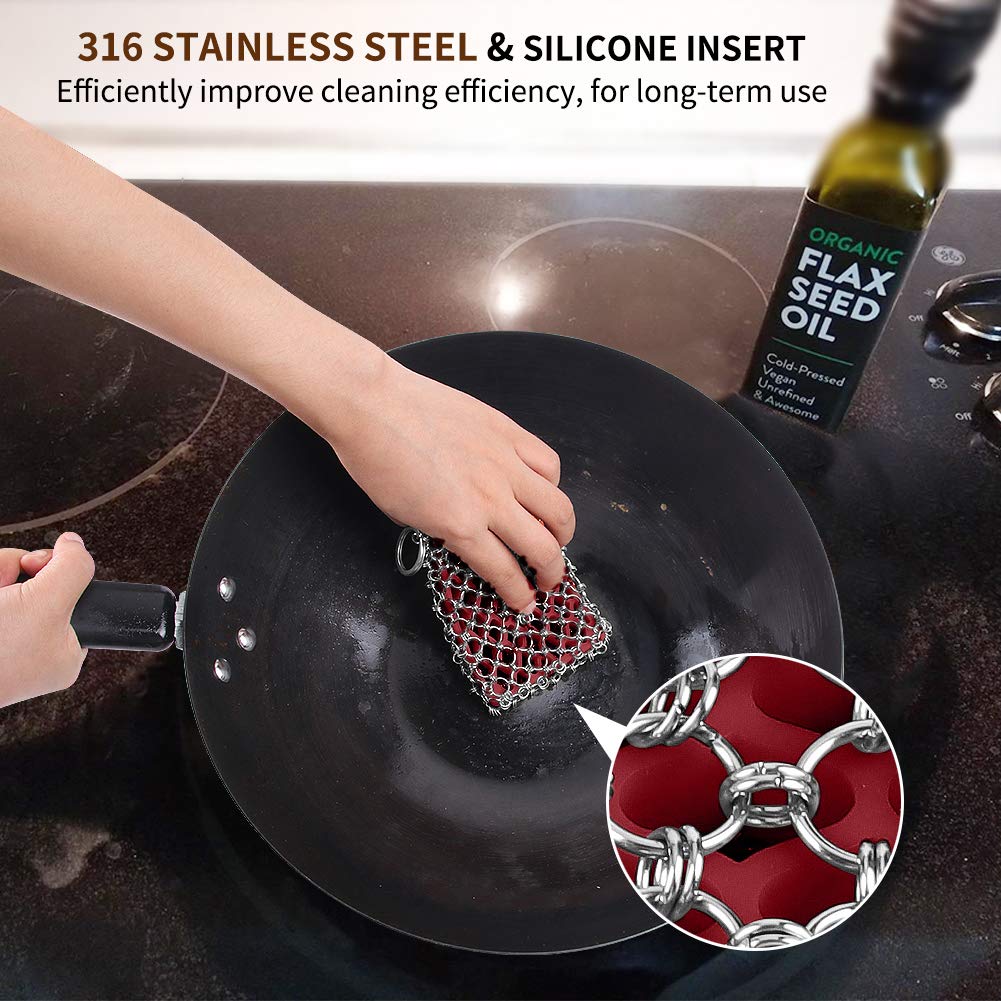 Chain Mail Scrubber + 3-Pack Cast Iron Scraper & Seasoning Rag Kit - Heavy Duty Cast Iron Cleaner for Grill, Skillet & Dutch Oven Maintenance - Perfect for Outdoor Cooking & Camping