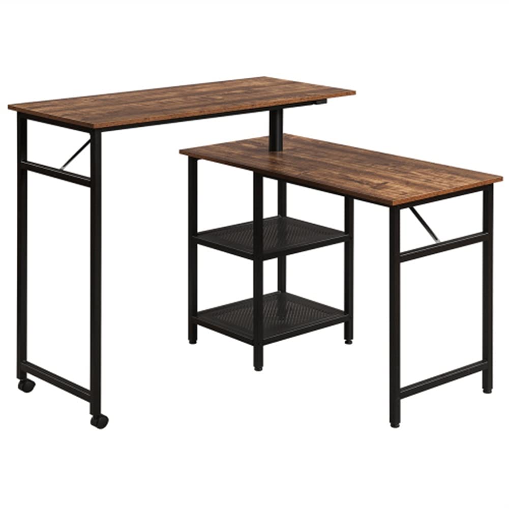 XLO L-Shaped Computer Desk with 360° Rotation & Storage Shelf - Adjustable Standing Desk for Home Office, Industrial Style Corner Workstation (Brown) - Perfect for Small Spaces, Gaming Setup & Remote Work