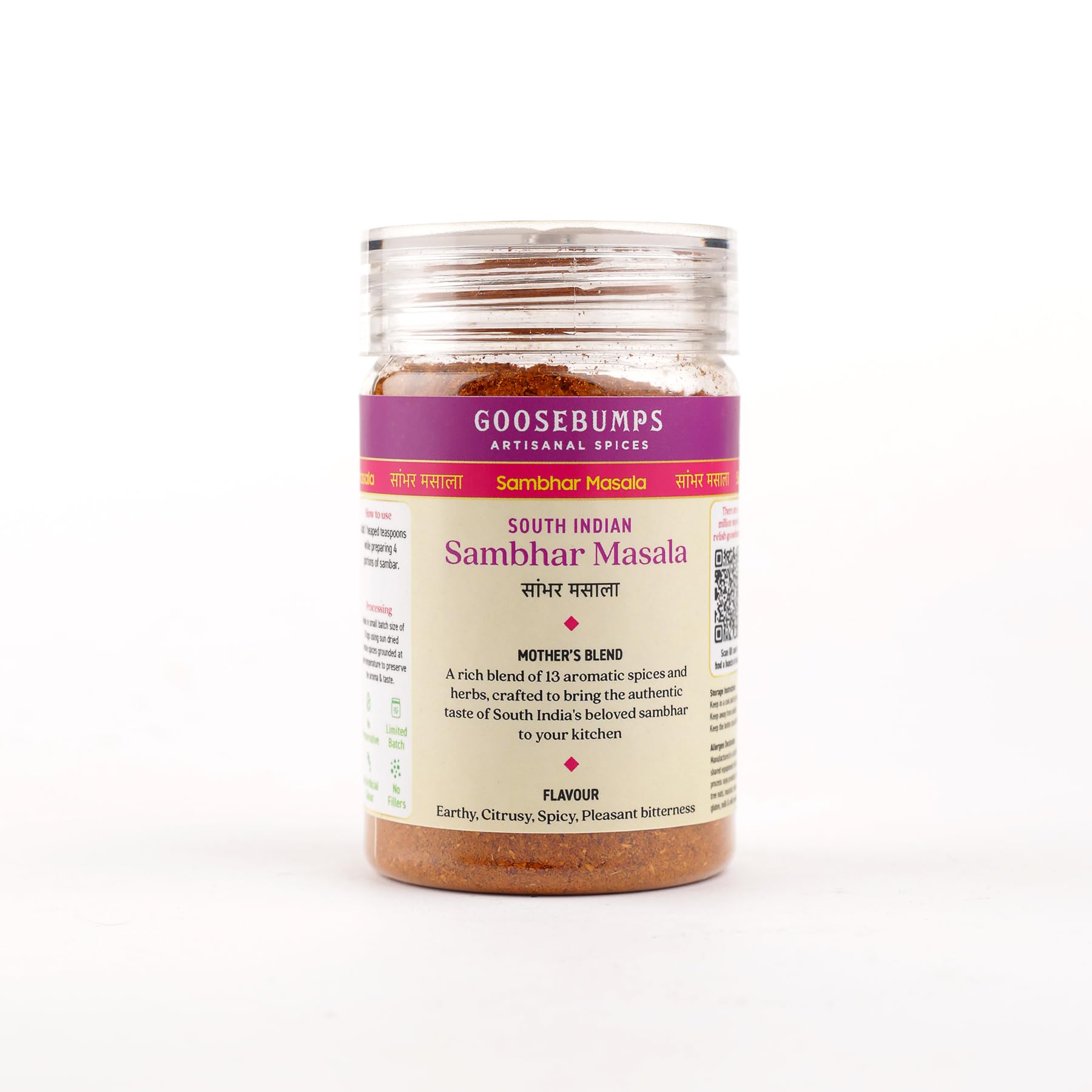 Goosebumps Sambhar Masala Powder | 100% Natural Traditional South Indian Sambar Spice Blend | Vegan, Gluten-Free | No Artificial Colors, Preservatives or Bulking Agents | 80g | Perfect for Lentil Soups, Rice Dishes & Vegetarian Cooking