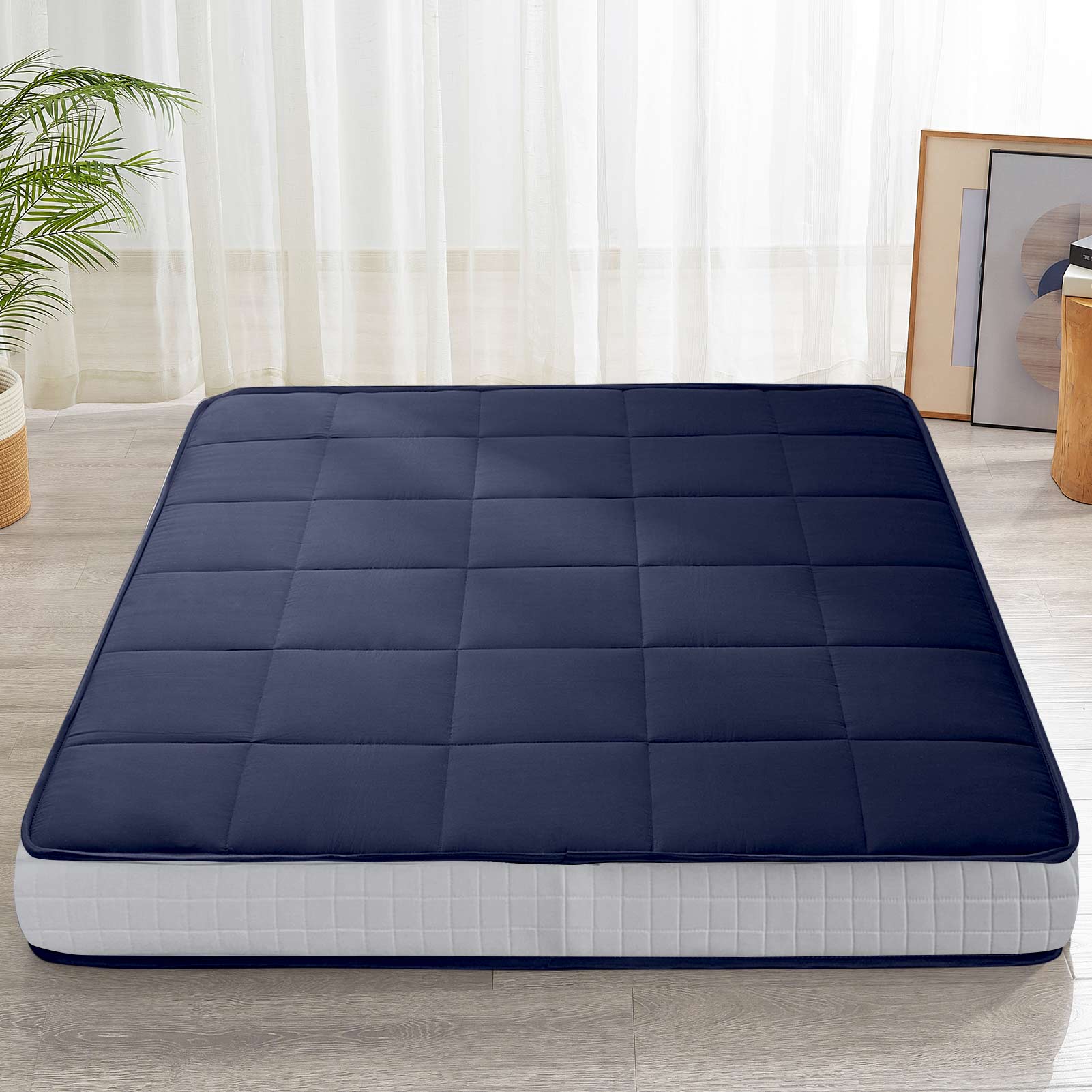 MAXYOYO 6-Inch Extra Thick Square Floor Futon Mattress - Premium Mattress Topper Pad in Navy Blue | Perfect for Guest Beds, Dorm Rooms, and Living Room Floor Lounging