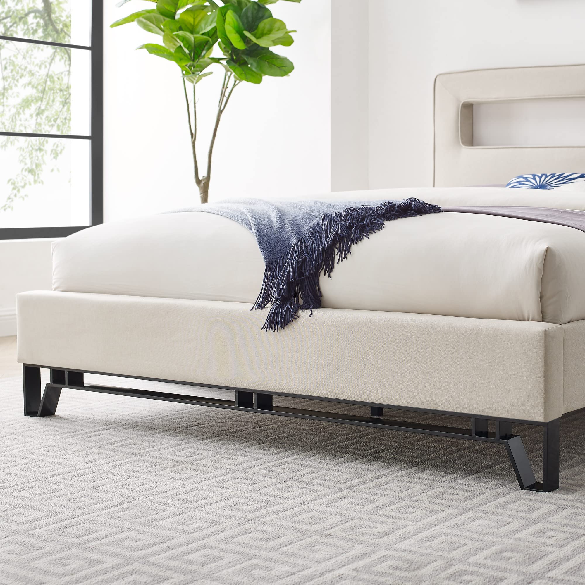 Clermont Beige Upholstered Queen Size Bed - Luxurious Fabric Headboard for Modern Bedroom Decor | Perfect for Master Bedroom, Guest Room & Apartment