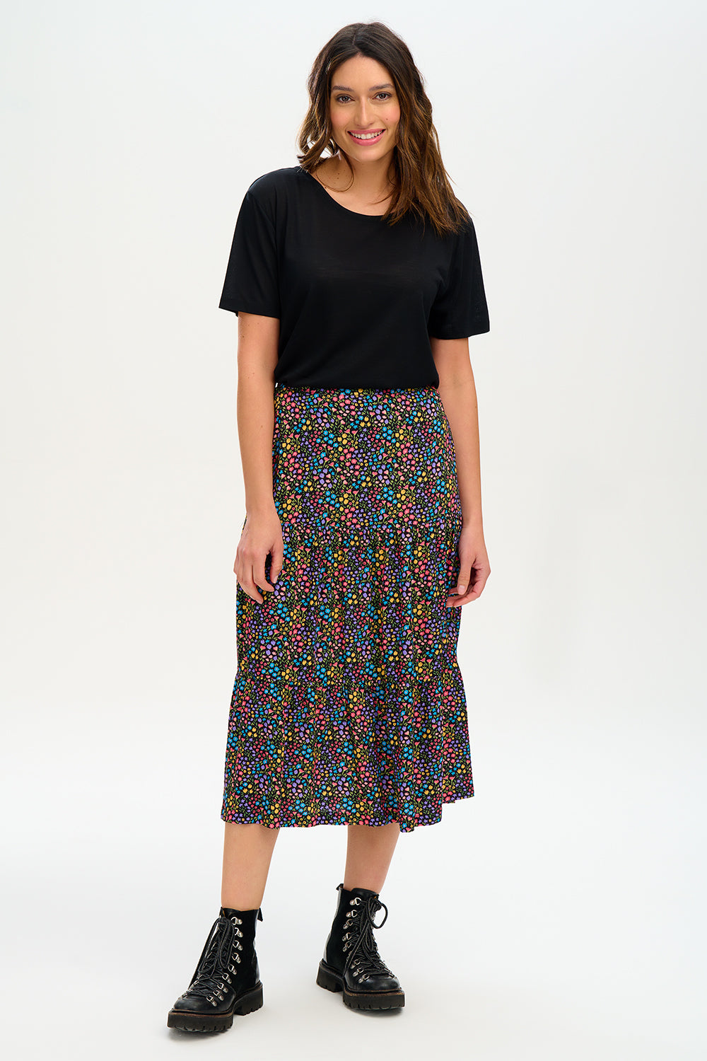 Felicity Tiered Skirt for Women - Black & Multi Color Ditsy Floral Print Midi Skirt | Casual Summer Dressy Outfit for Beach, Party & Date Night
