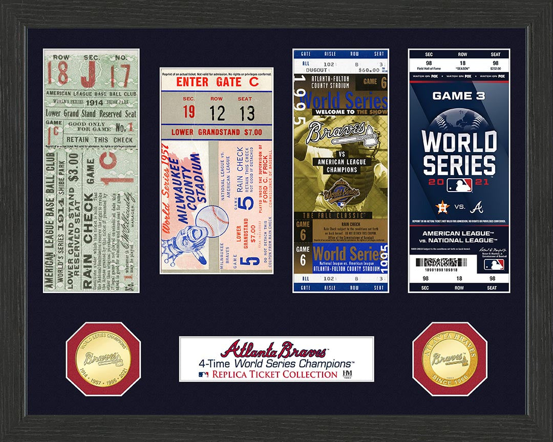 Atlanta Braves 4-Time World Series Champions Commemorative Ticket Collection - Perfect for Baseball Fans, Sports Memorabilia Collectors, and Man Cave Decor